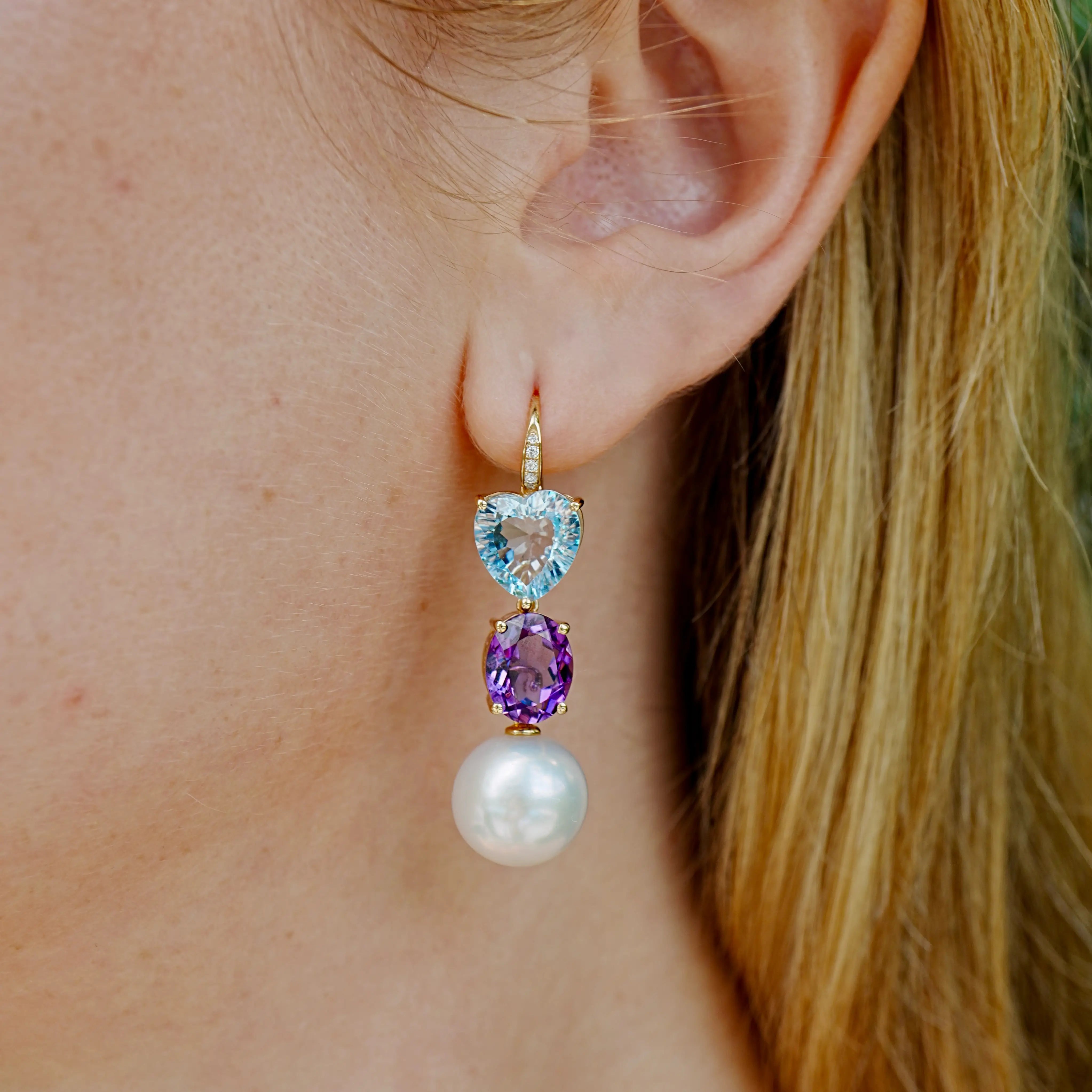 GemFusion Natural Topaz Amethyst Diamond Pearl Convertible Drop Earrings 14k yellow gold