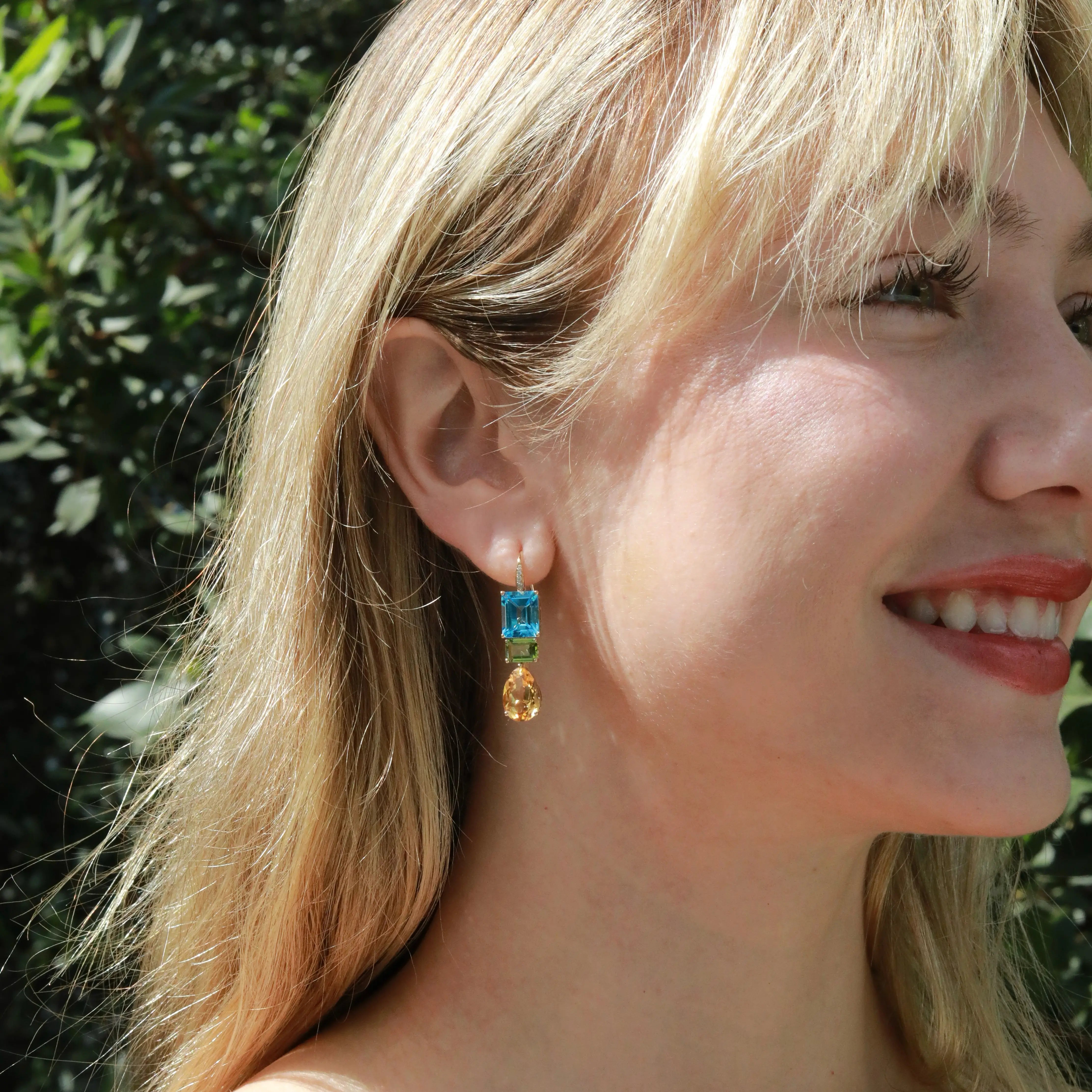 GemFusion Natural Topaz Peridot Cirtine Diamond Convertible Drop Earrings 14k yellow gold