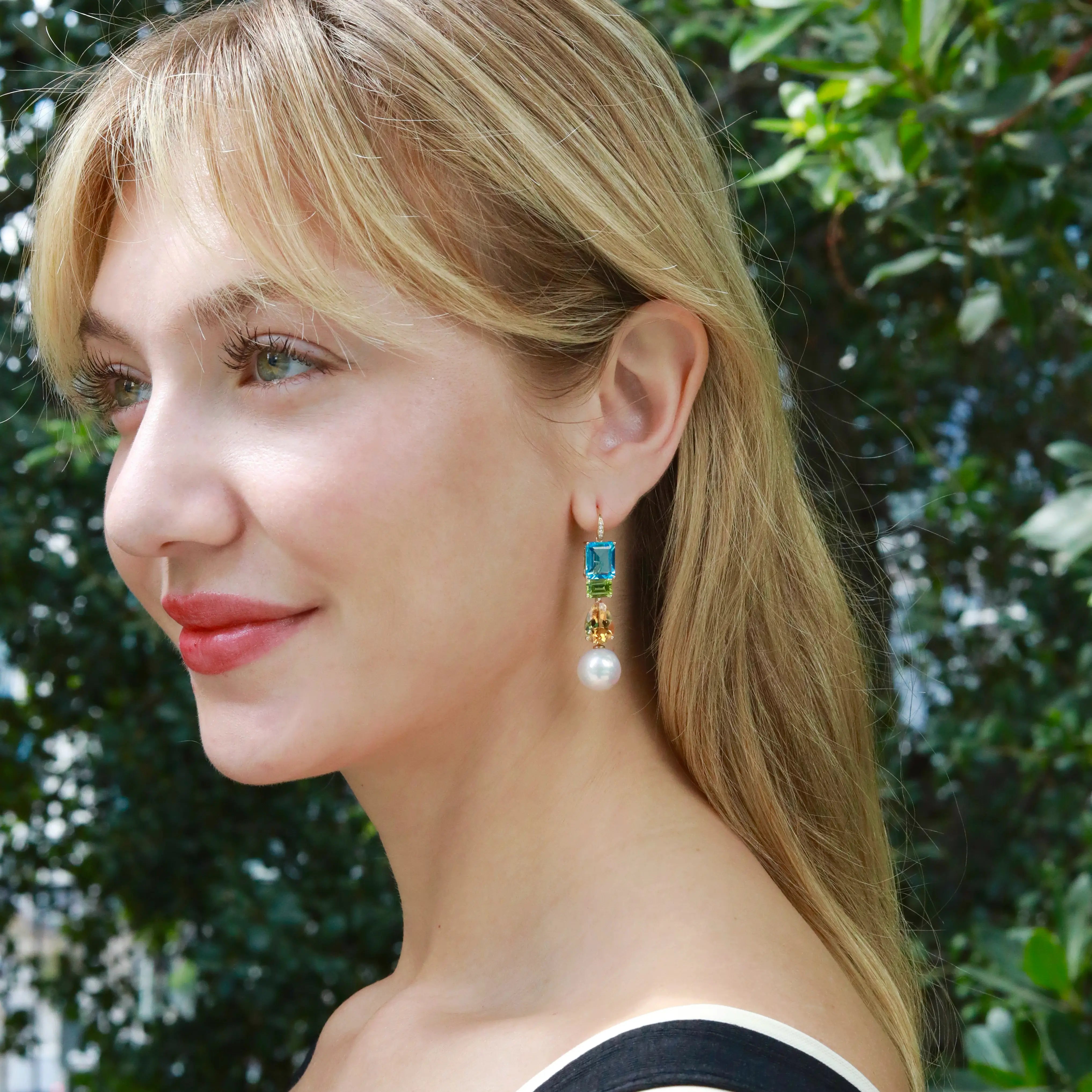 GemFusion Natural Topaz Peridot Citrine Diamond Pearl Convertible Drop Earrings 14k yellow gold