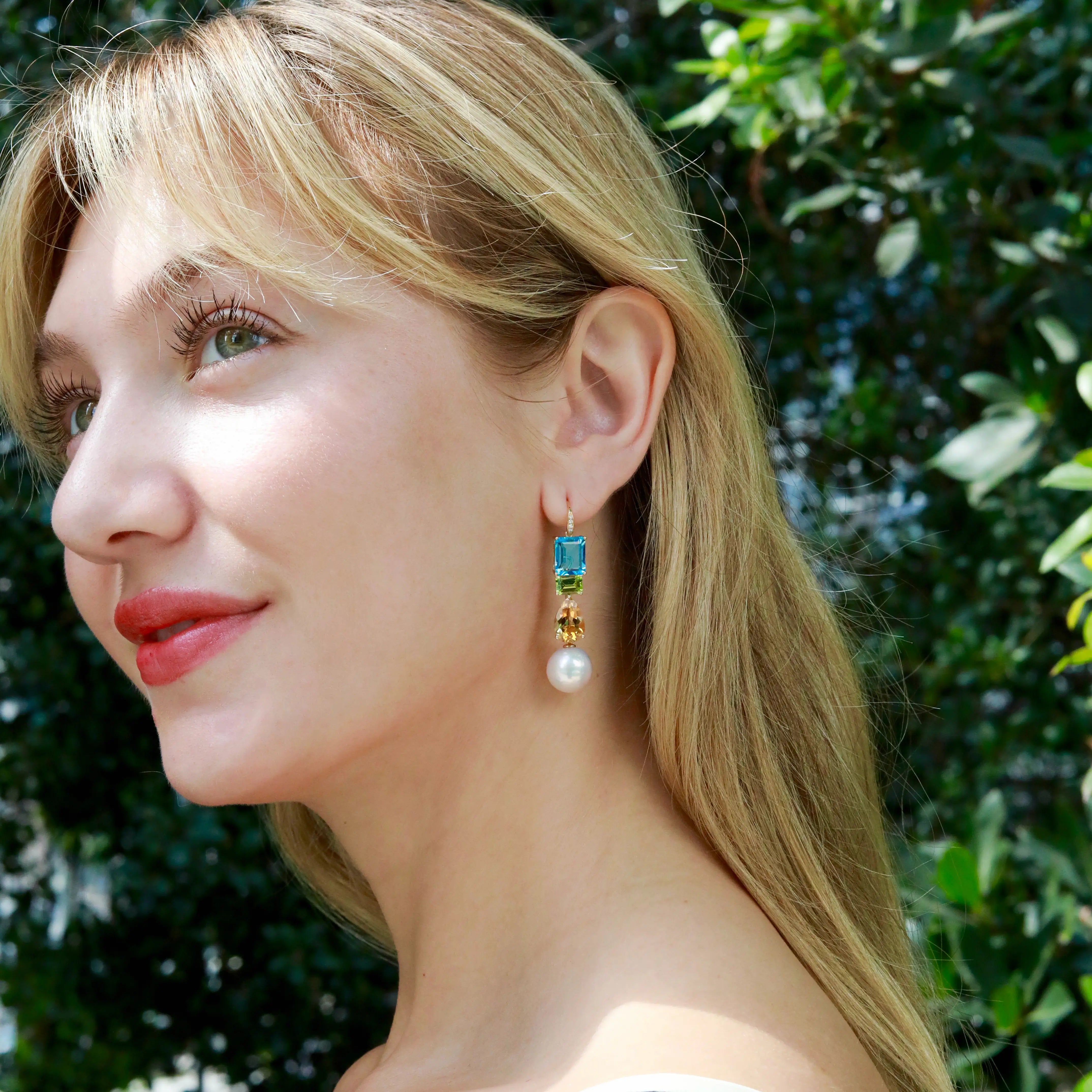 GemFusion Natural Topaz Peridot Citrine Diamond Pearl Convertible Drop Earrings 14k yellow gold