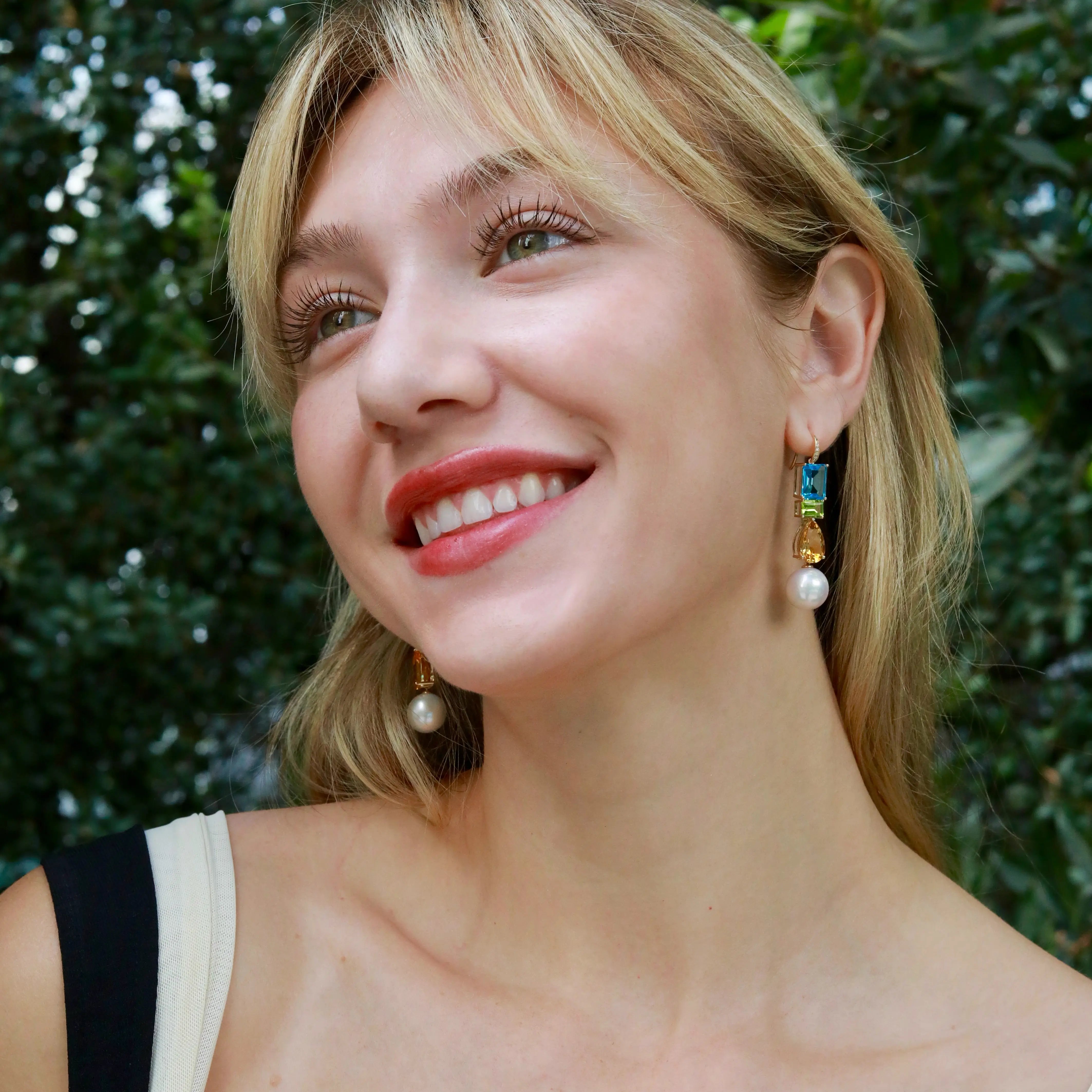 GemFusion Natural Topaz Peridot Citrine Diamond Pearl Convertible Drop Earrings 14k yellow gold