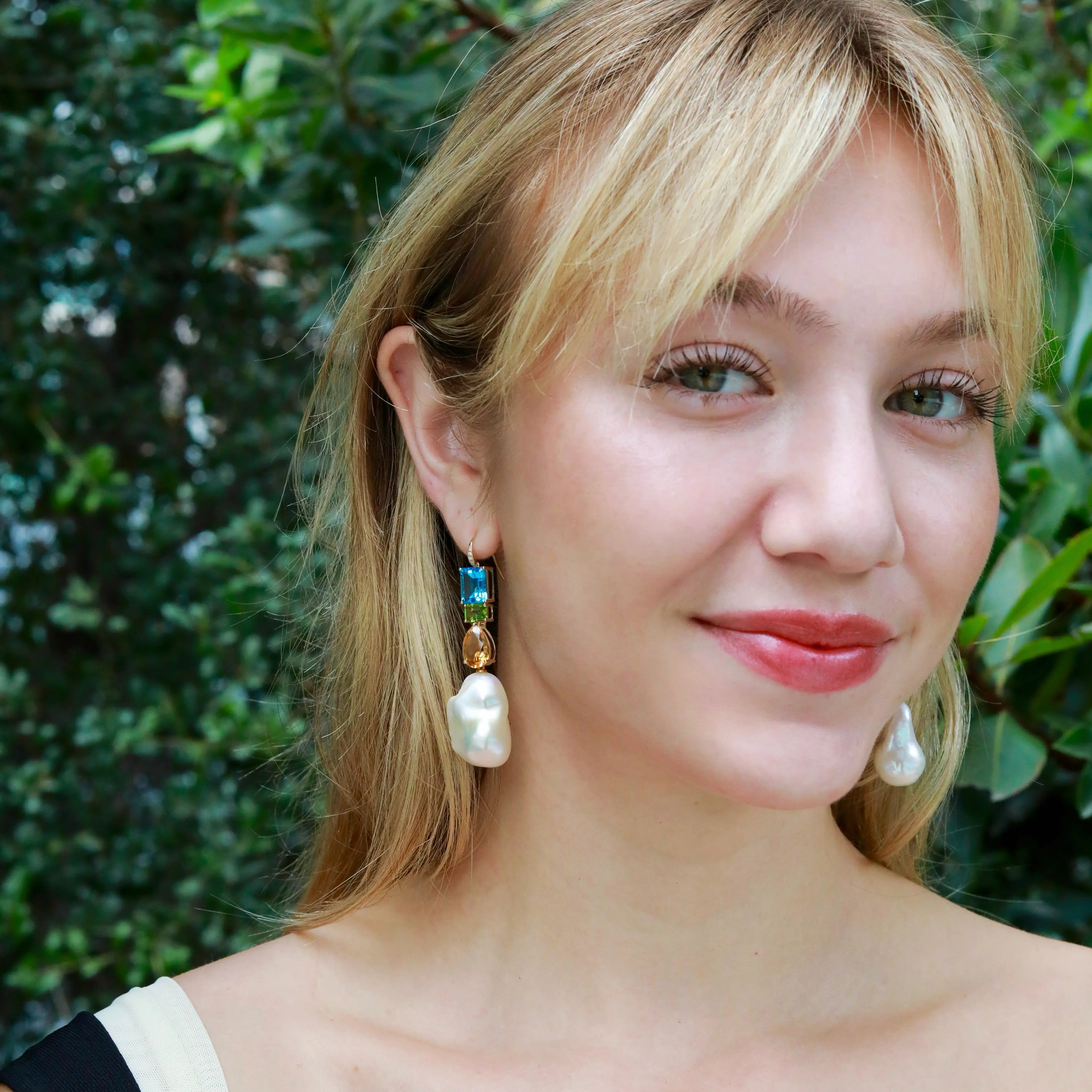 GemFusion Natura Topaz Peridot Citrine Diamond Baroque Pearl Convertible Drop Earrings 14k yellow gold