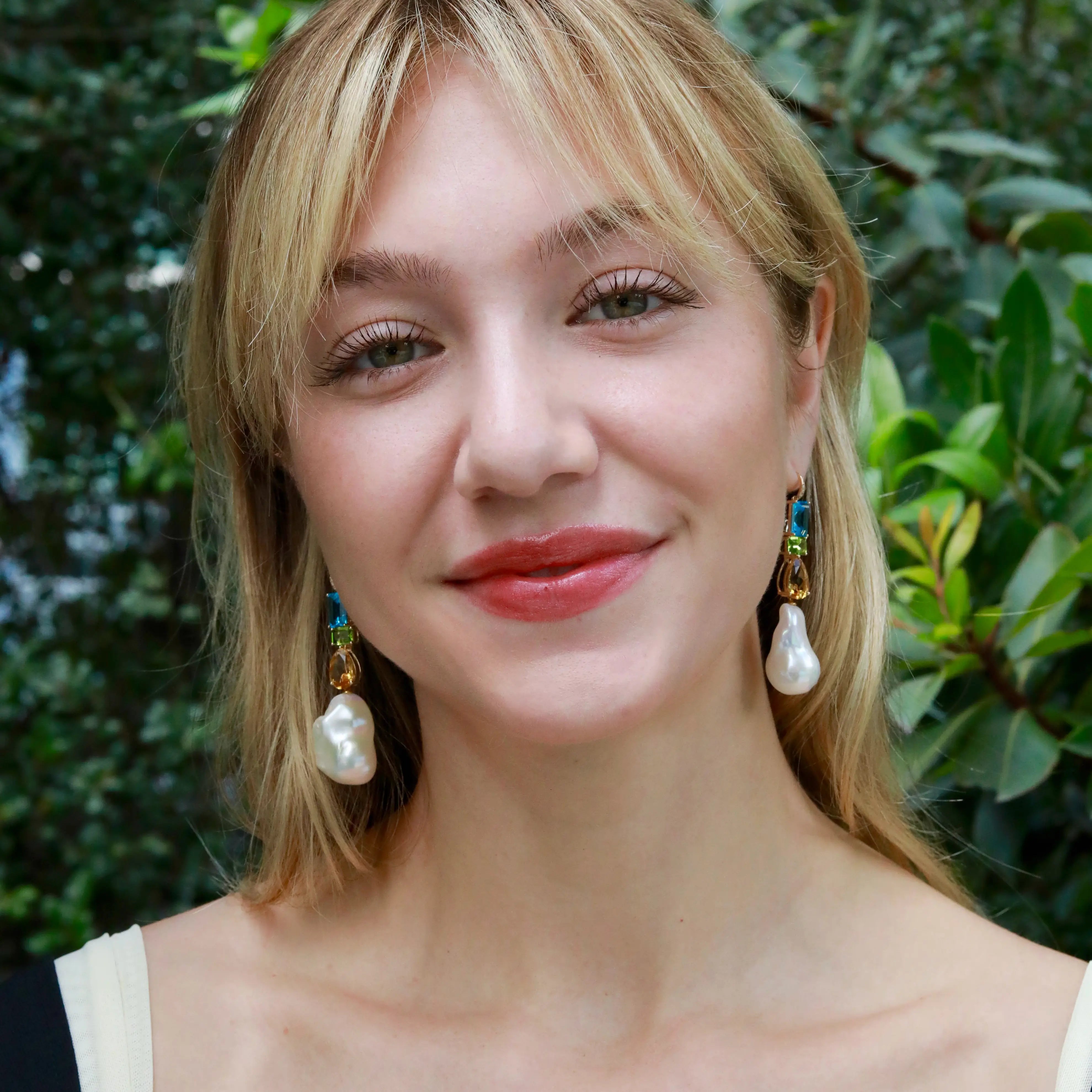 GemFusion Natura Topaz Peridot Citrine Diamond Baroque Pearl Convertible Drop Earrings 14k yellow gold