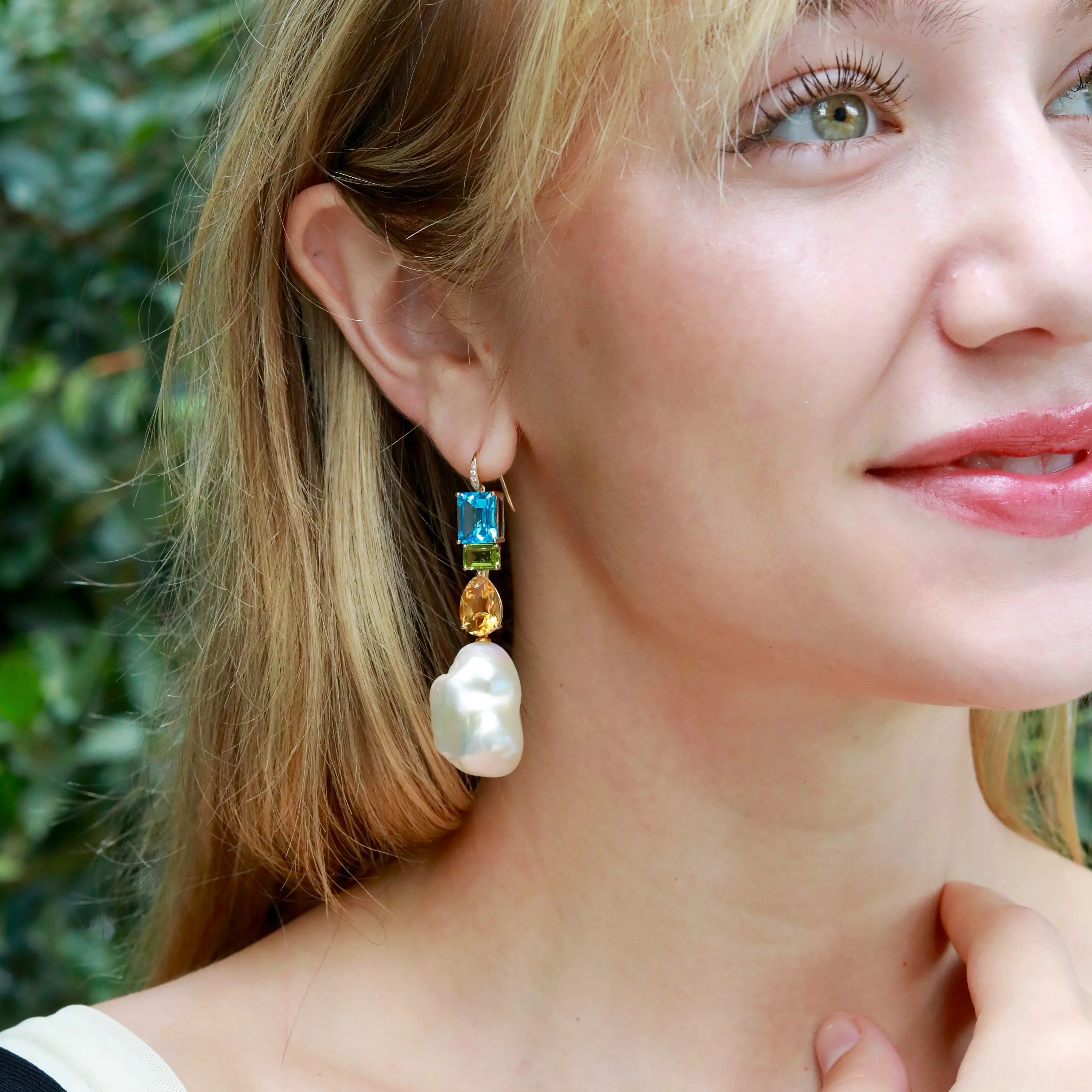 GemFusion Natura Topaz Peridot Citrine Diamond Baroque Pearl Convertible Drop Earrings 14k yellow gold