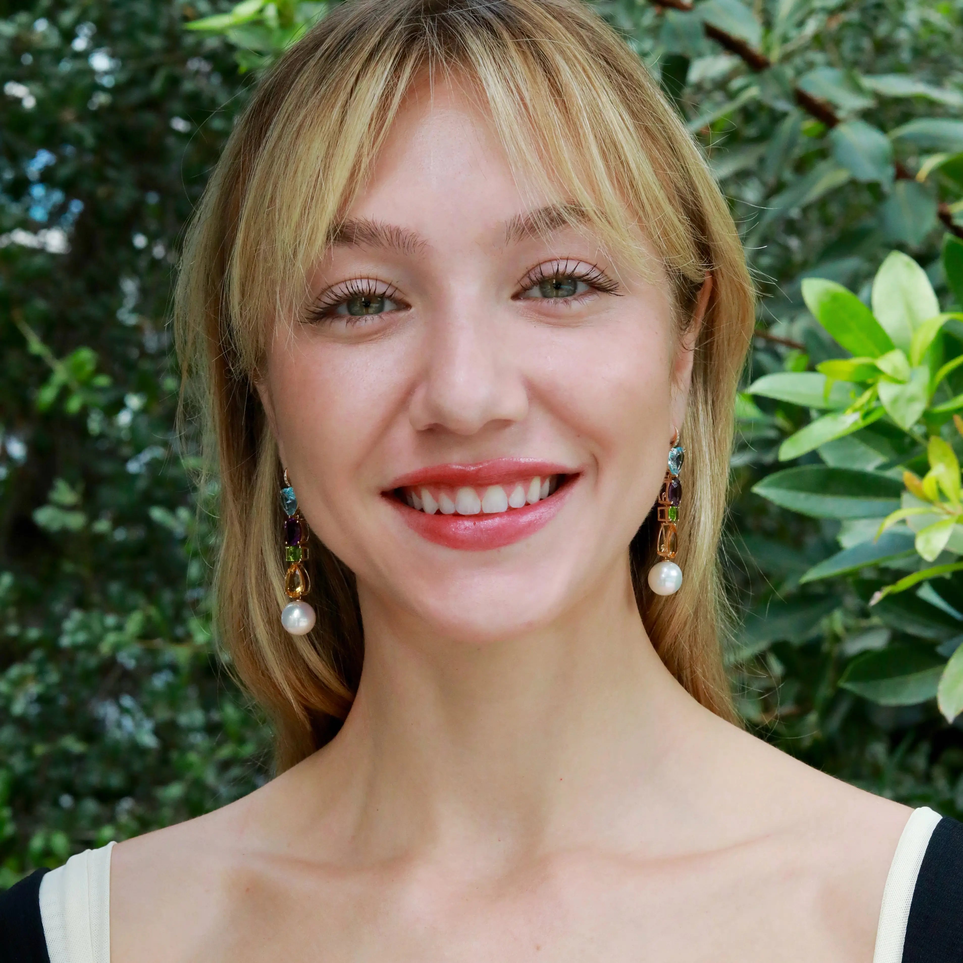 GemFusion Natural Topaz Amethyst Peridot Citrine Diamond Pearl Convertible Drop Earrings 14K yellow gold