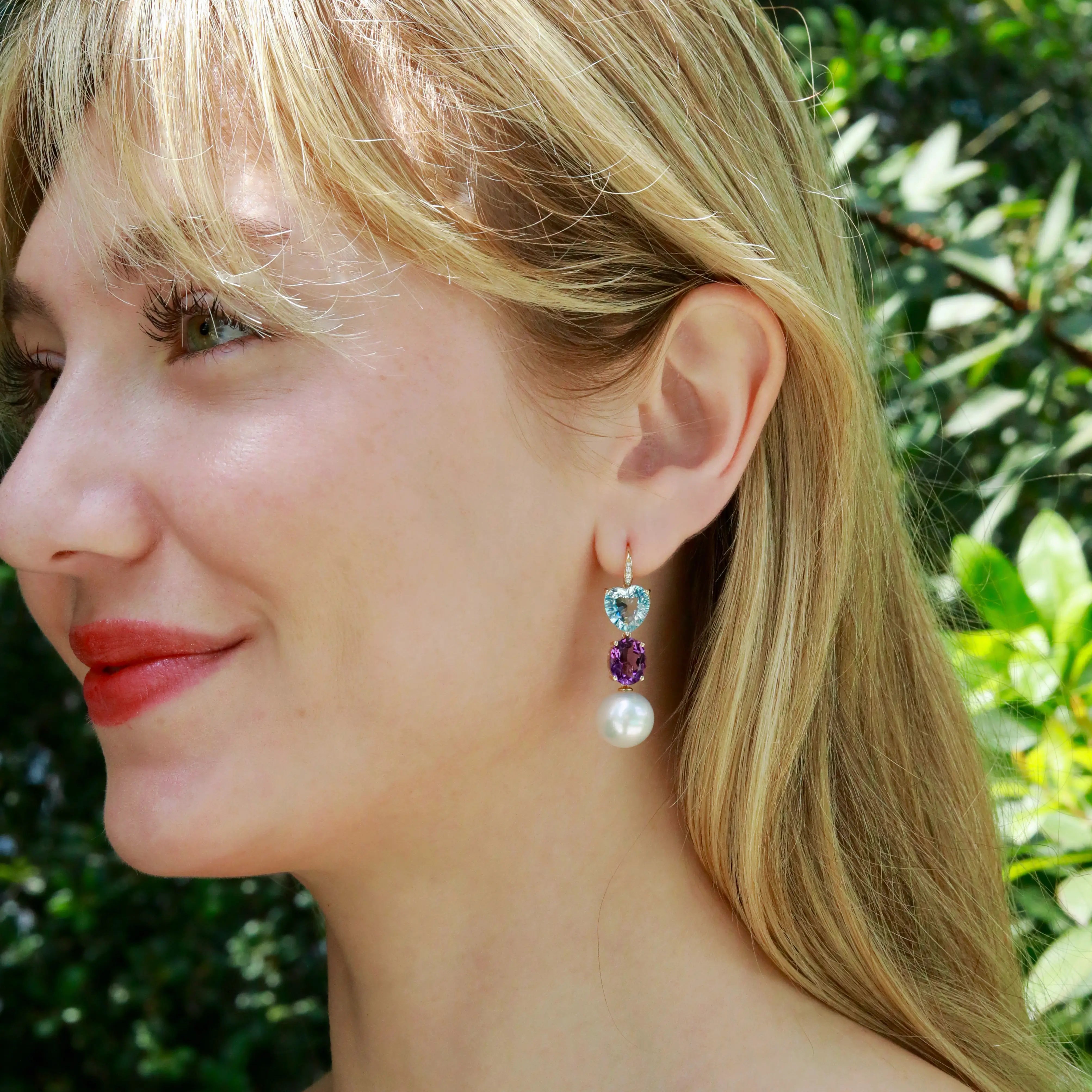 GemFusion Natural Topaz Amethyst Diamond Pearl Convertible Drop Earrings 14k yellow gold