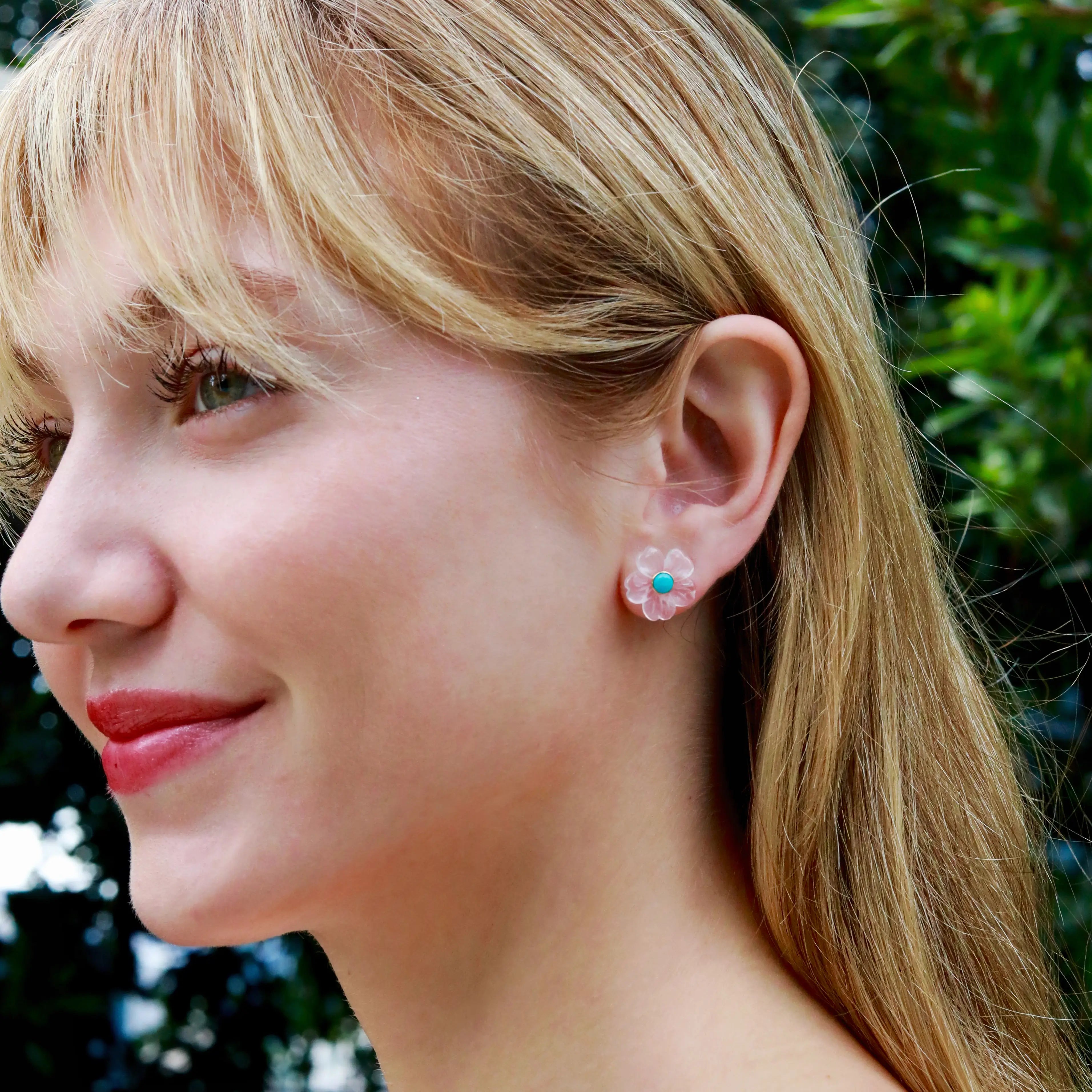 Tropical Blossom Natural Turquoise & Quartz Petal Earrings 14k yellow gold