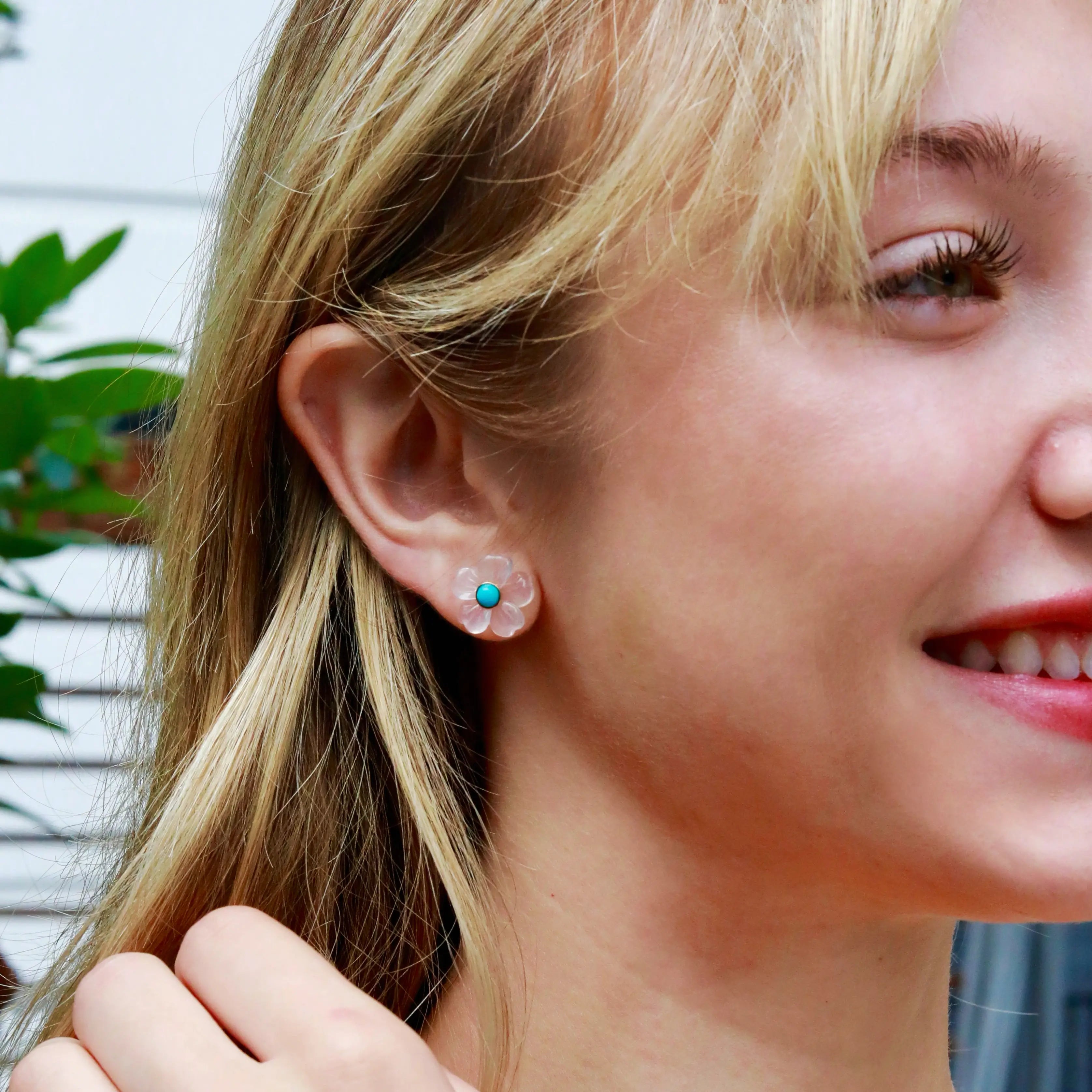 Tropical Blossom Natural Turquoise & Quartz Petal Earrings 14k yellow gold