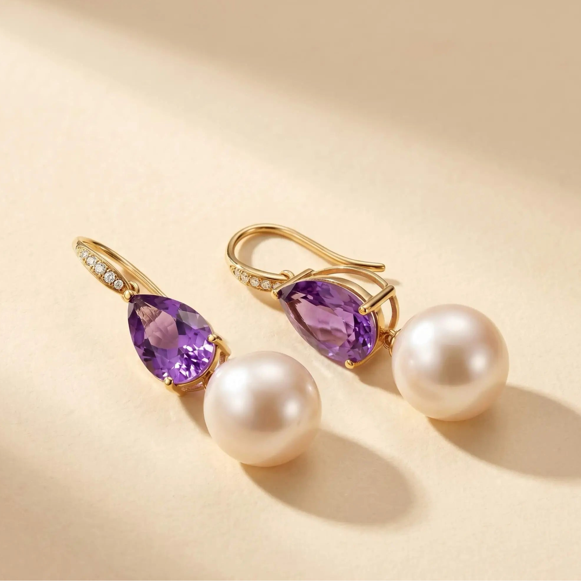 14k gold Radiant Natural Pear Amethyst Diamond & Cultured Pearl Convertible Drop Earrings