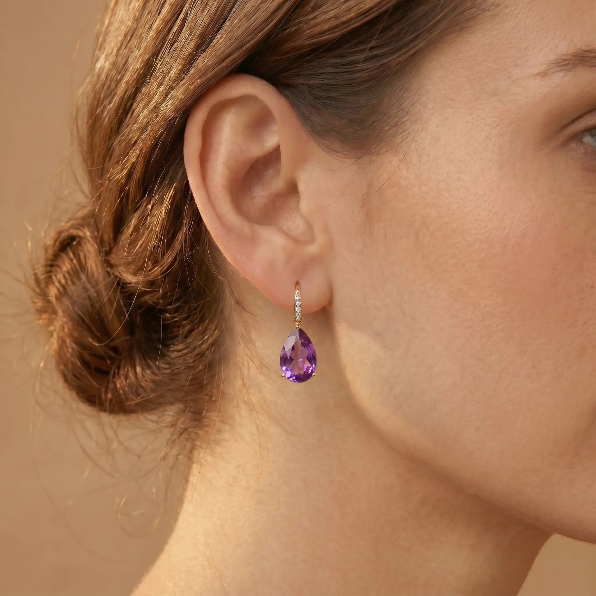 Radiant Pear Amethyst Diamond Drop Earrings