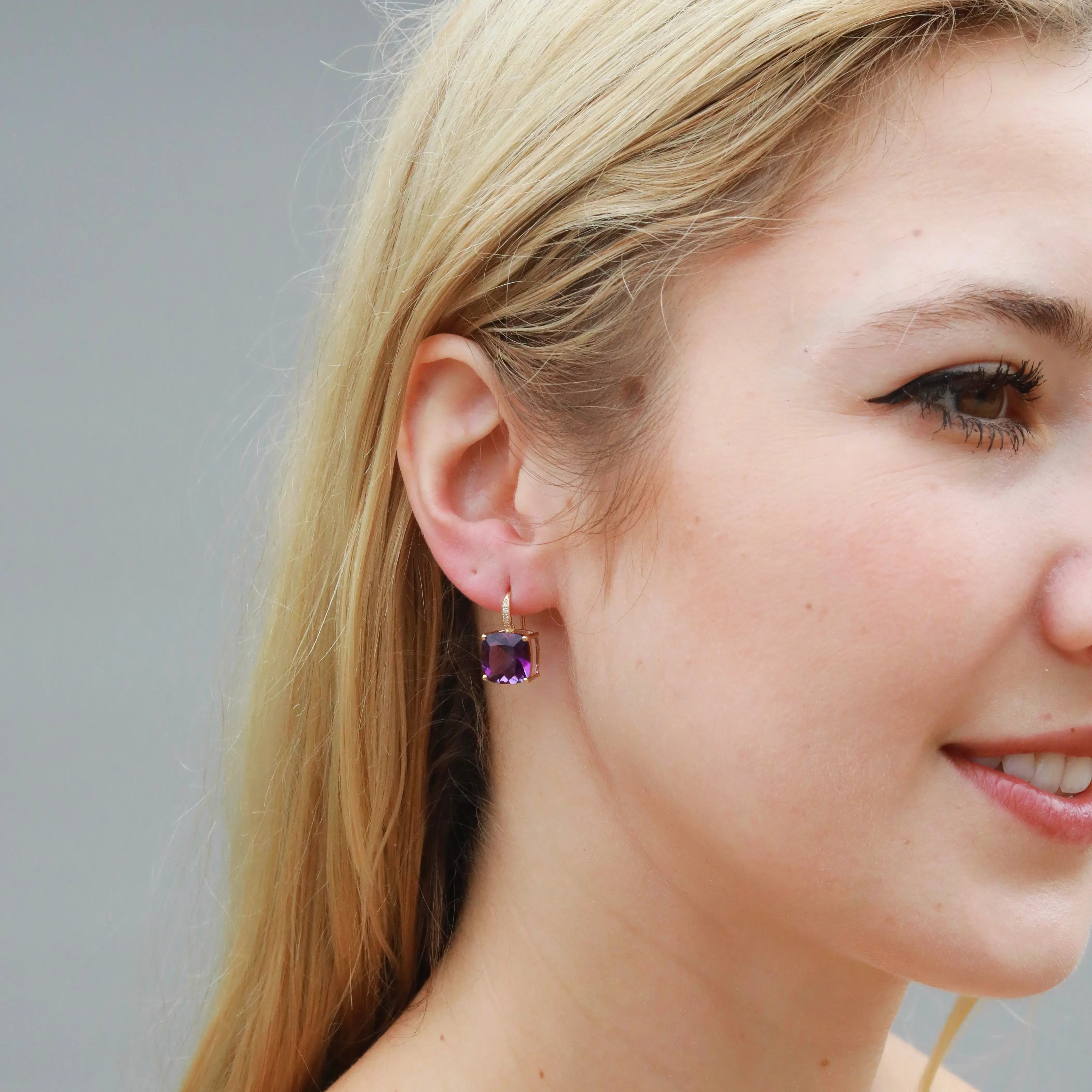 Radiant Cushion Amethyst Diamond Drop Earrings 14k yellow gold