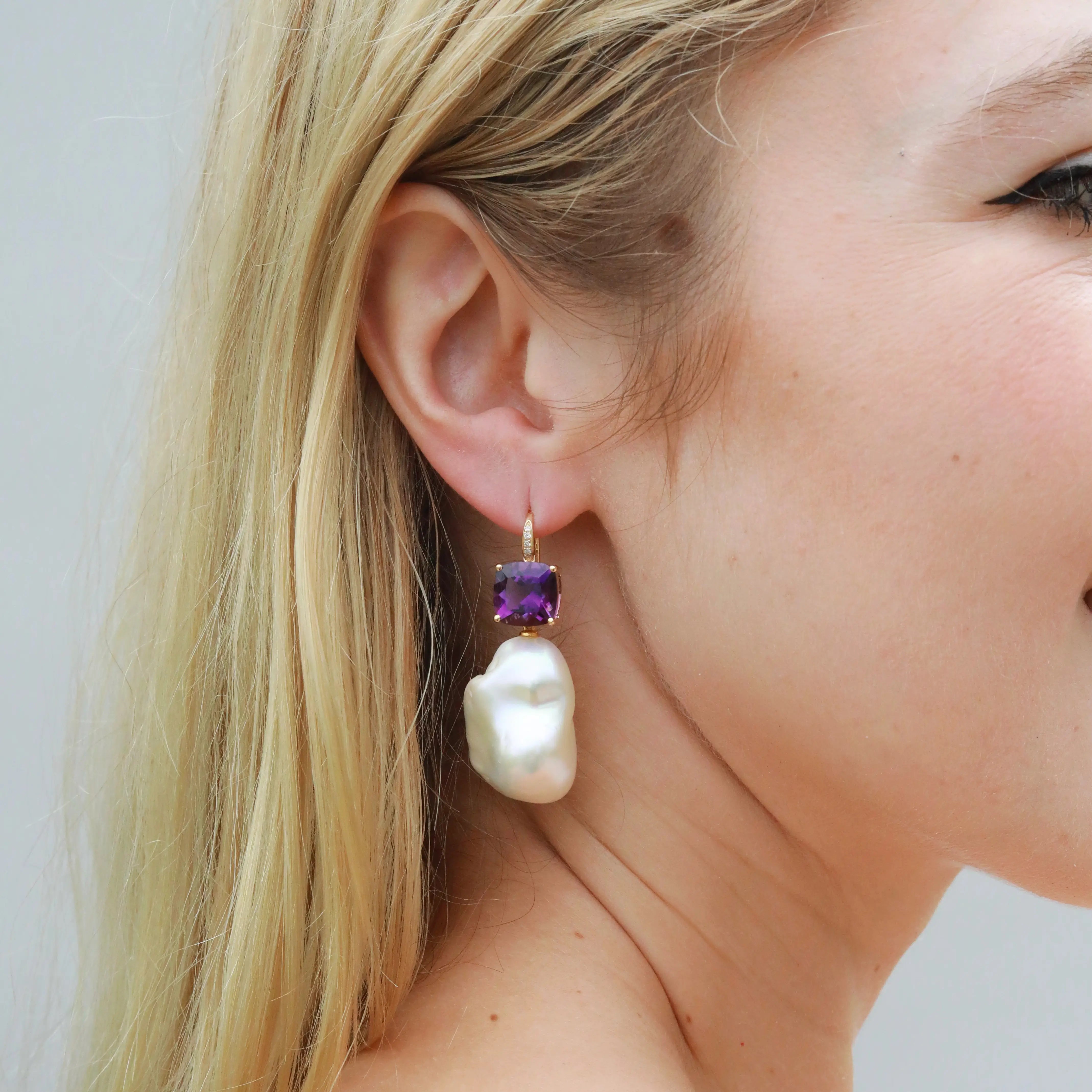Radiant Cushion Amethyst Diamond Baroque Pearl Convertible Drop Earrings 14k yellow gold