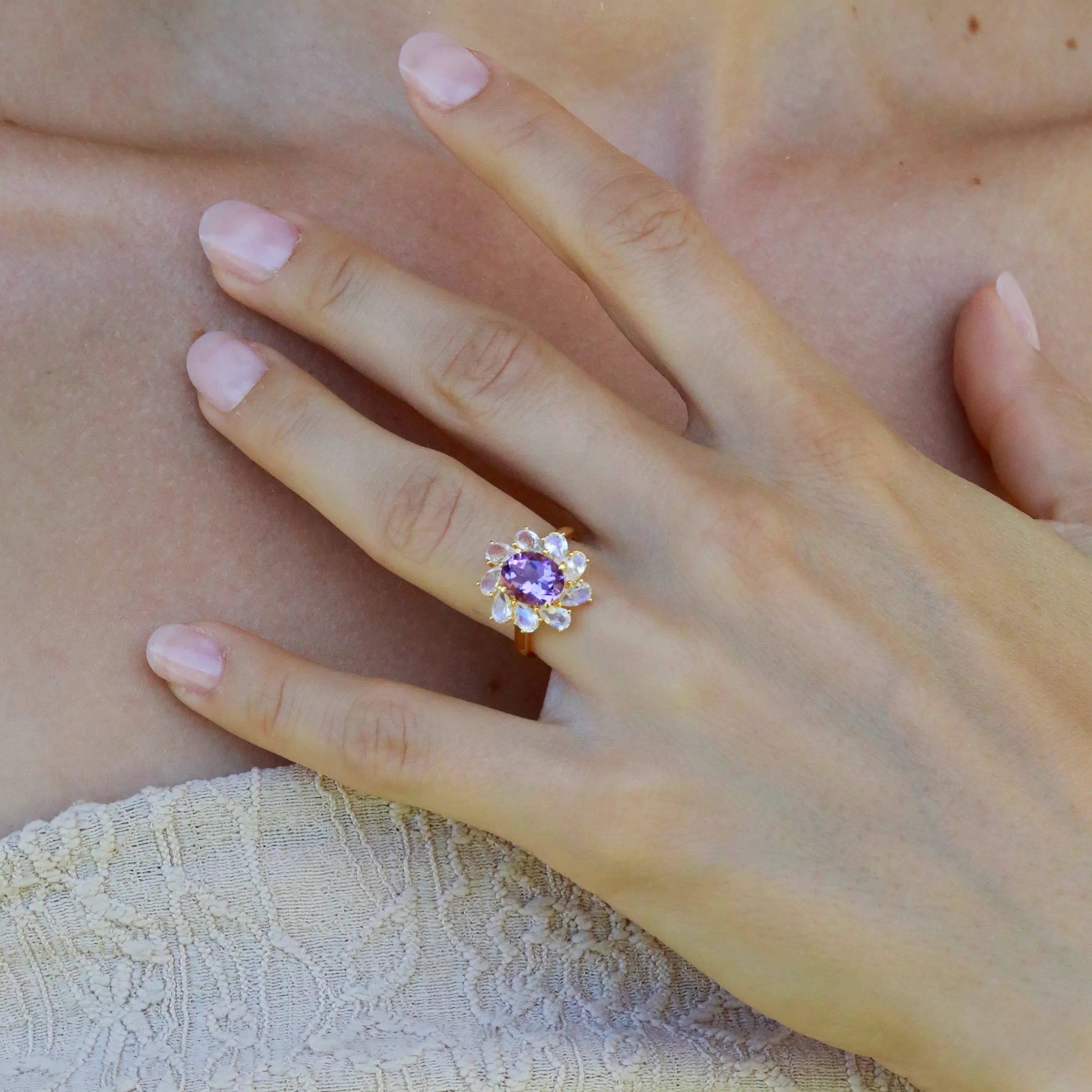 Mellissa Natural Amethyst Moonstone Ring 14k yellow gold