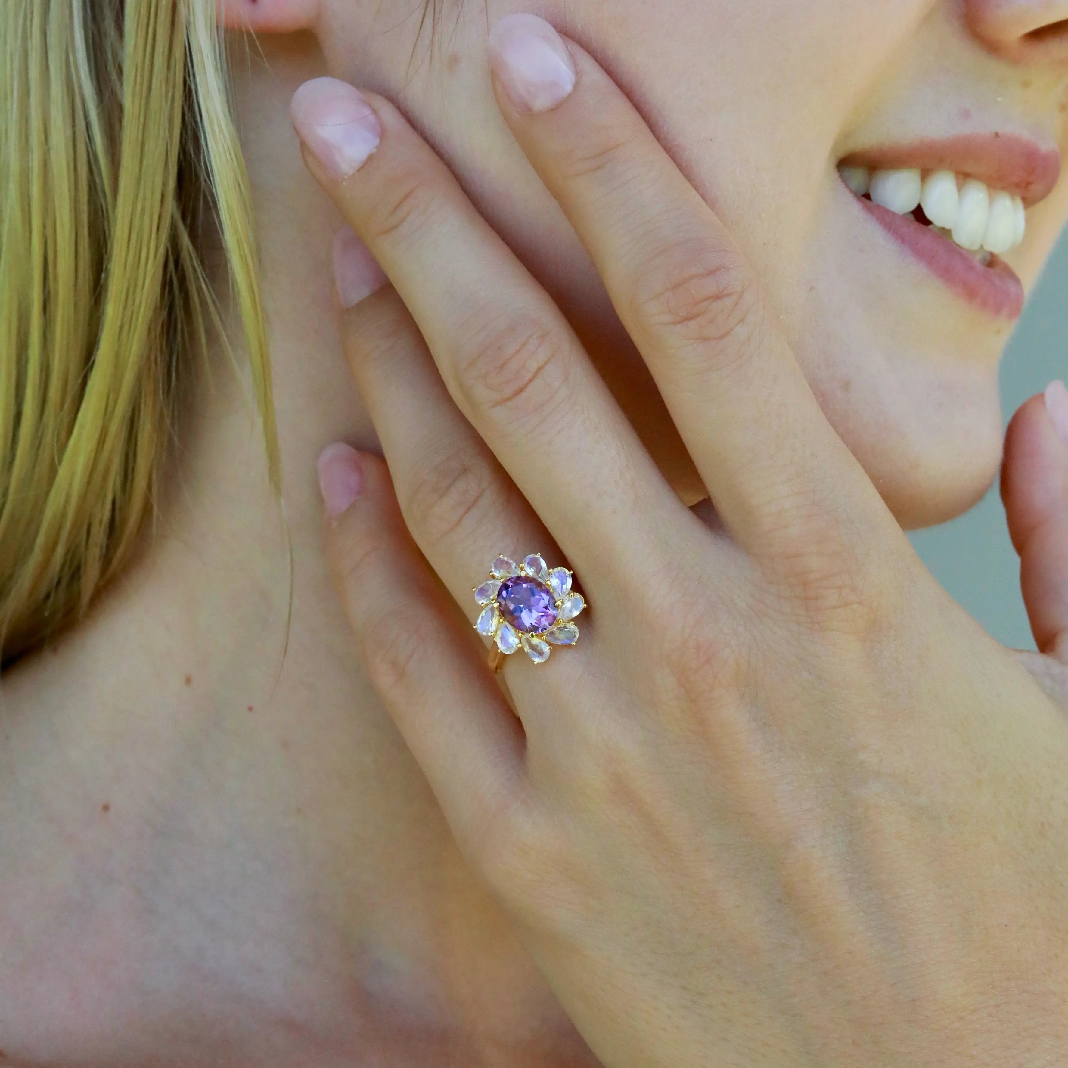 Mellissa Natural Amethyst Moonstone Ring 14k yellow gold