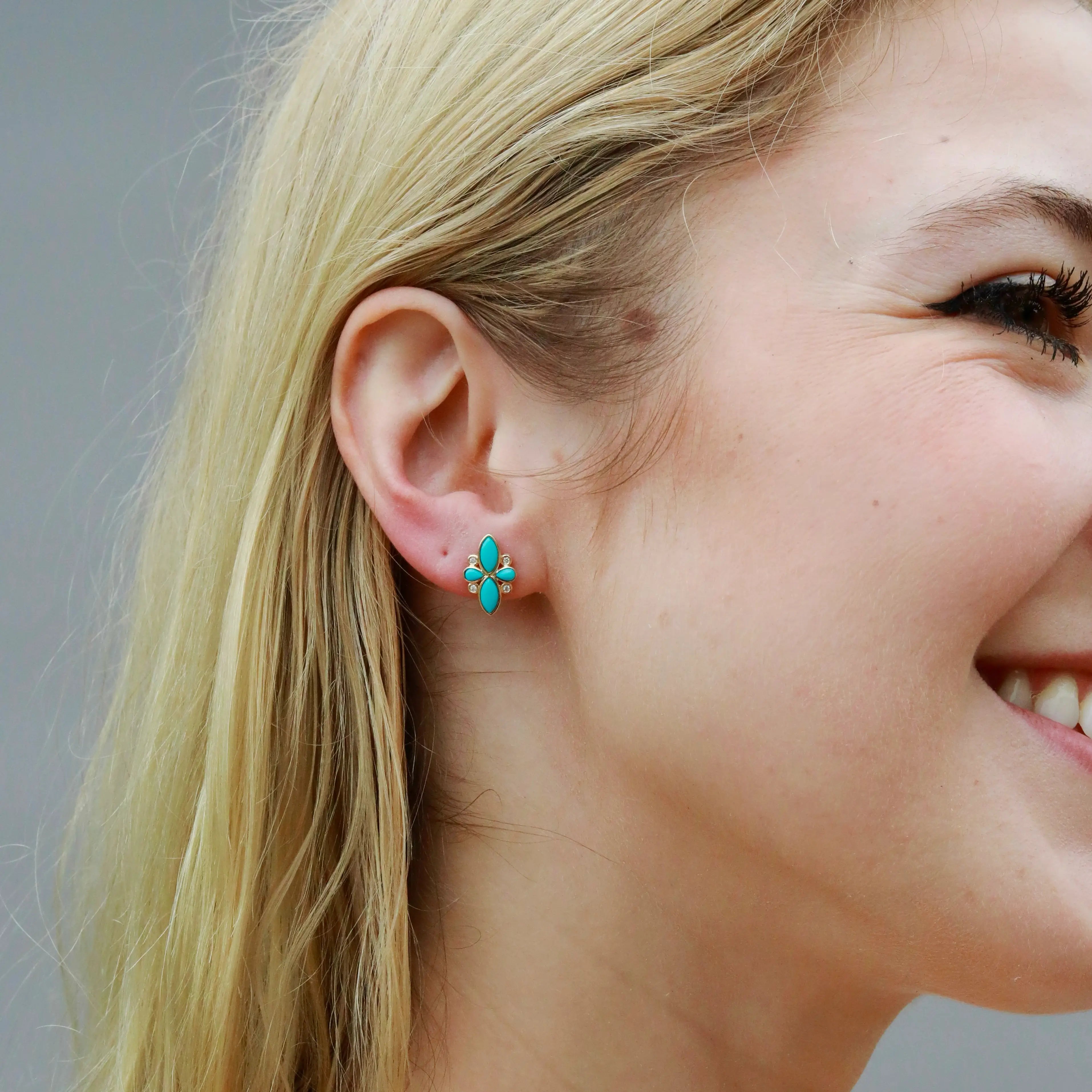 Tropical Flower Natural Turquoise and Diamond Earrings in 14k yellow gold