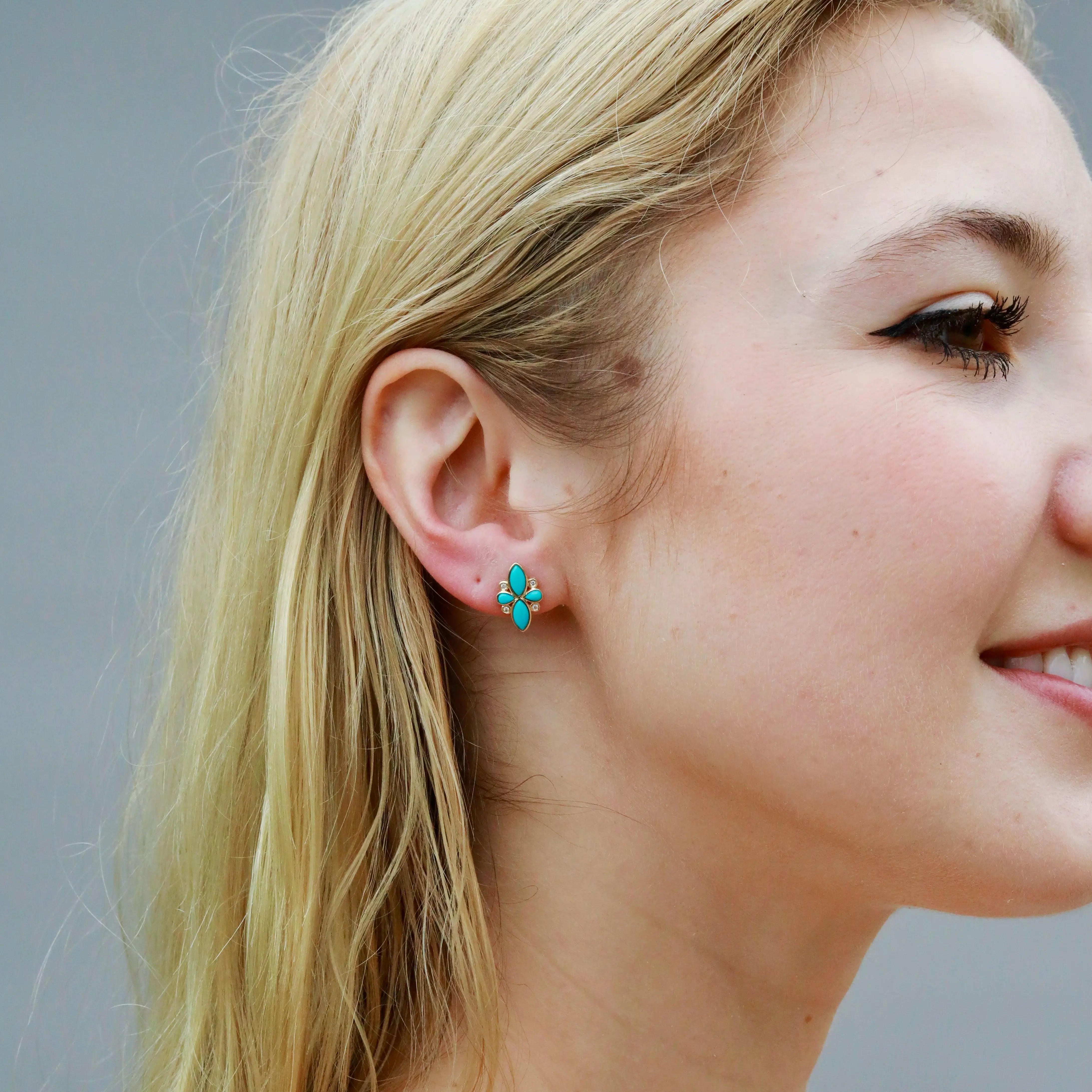 Tropical Flower Natural Turquoise and Diamond Earrings in 14k yellow gold