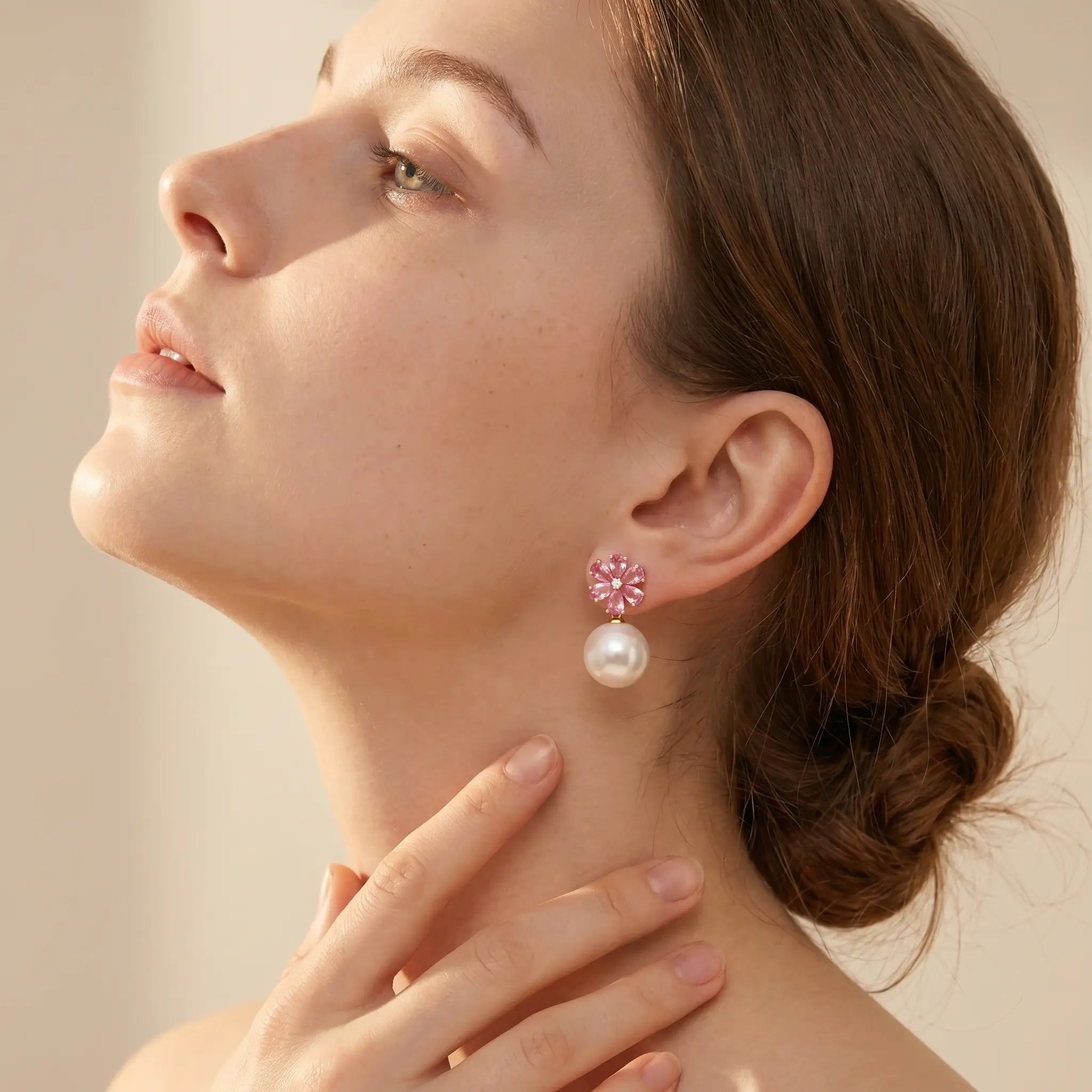 Flora Natural Pink Tourmaline Diamond Pearl Convertible Drop Earrings in 14k solid gold