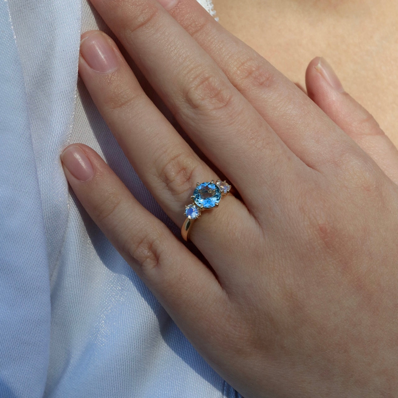 Evelyn Round Aquamarine Moonstone Three-stone Ring
