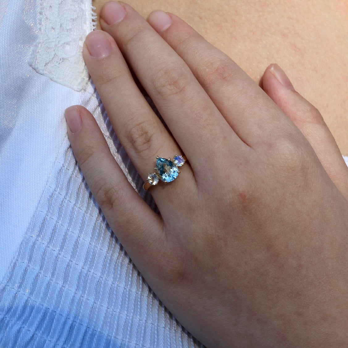 Evelyn Pear Aquamarine Moonstone Three-stone Ring