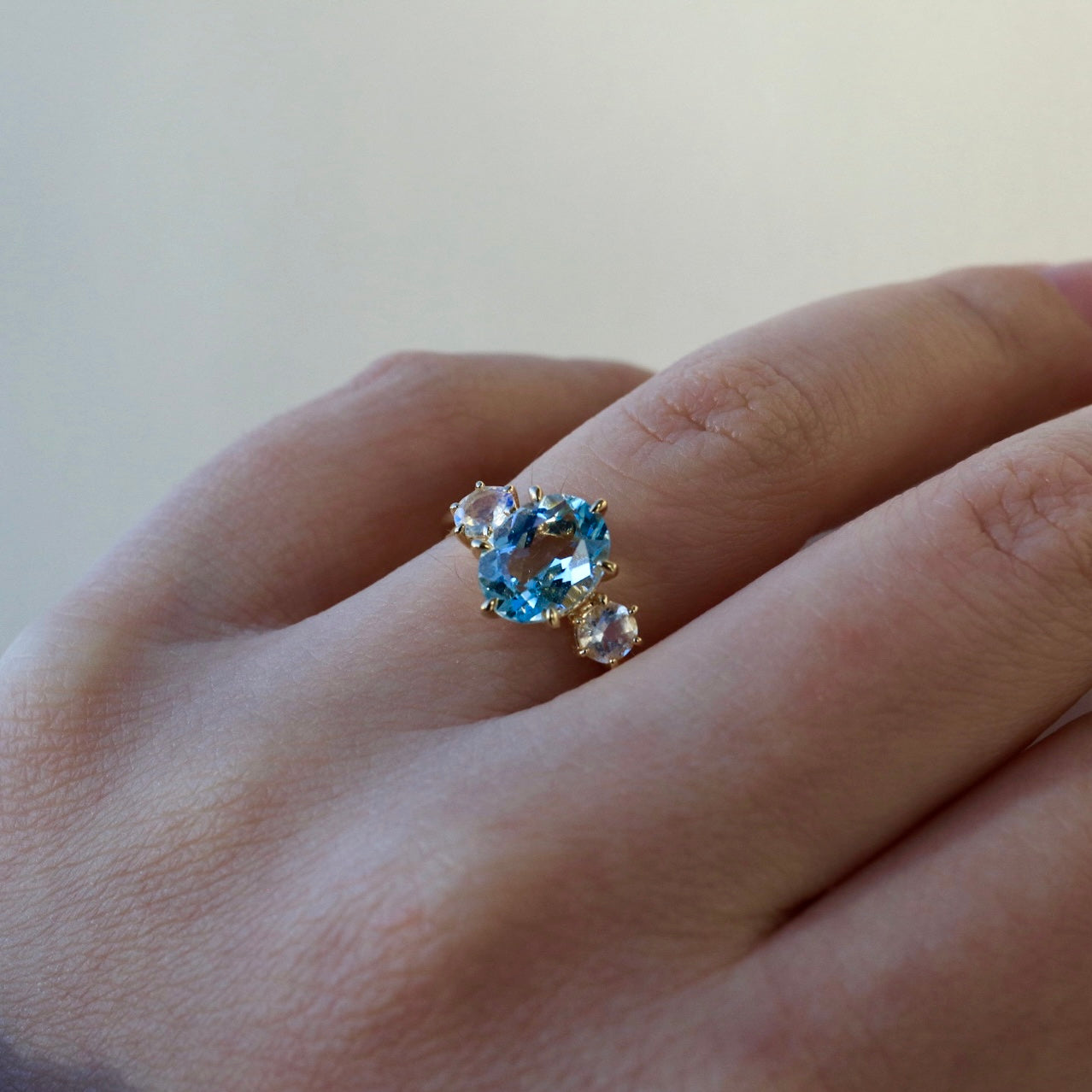 Evelyn Oval Aquamarine Moonstone Three-stone Ring