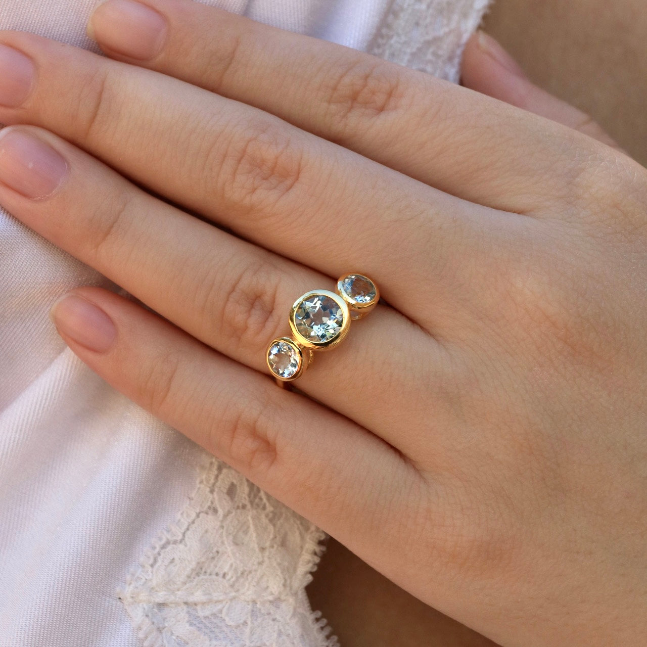 Trinity Round Aquamarine Three-stone Ring