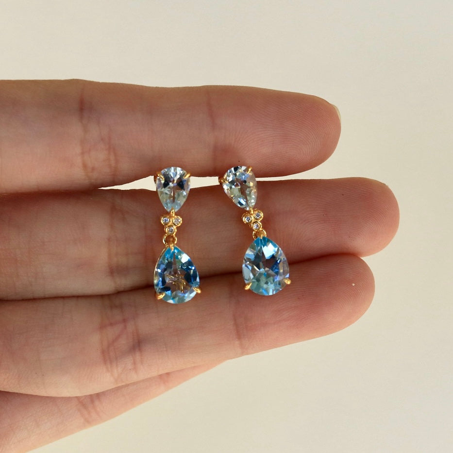 Divina Pear Aquamarine Topaz Diamond Pearl Convertible Drop Earrings