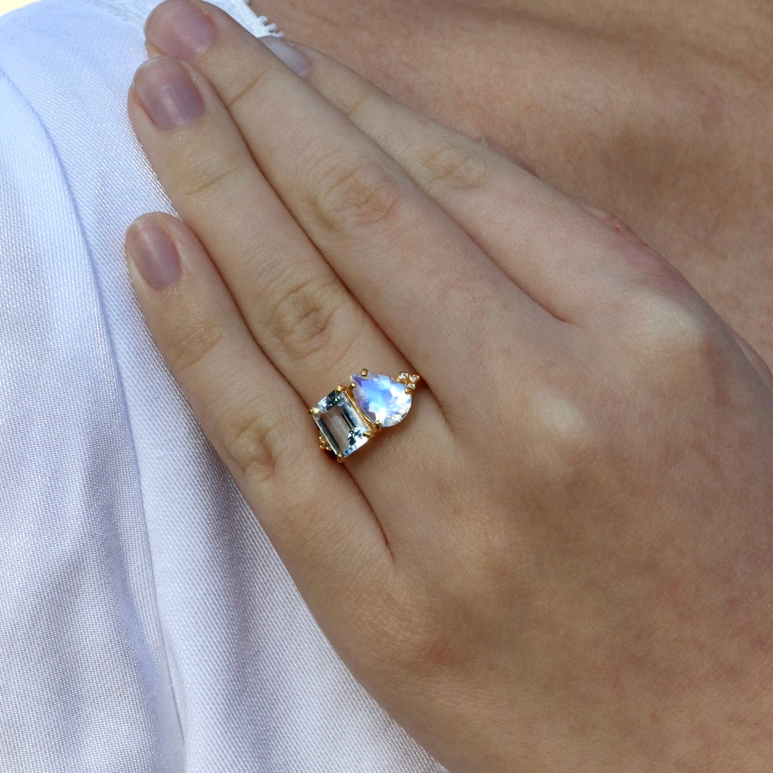 Fortune Aquamarine Moonstone Diamond Toi et Moi Ring
