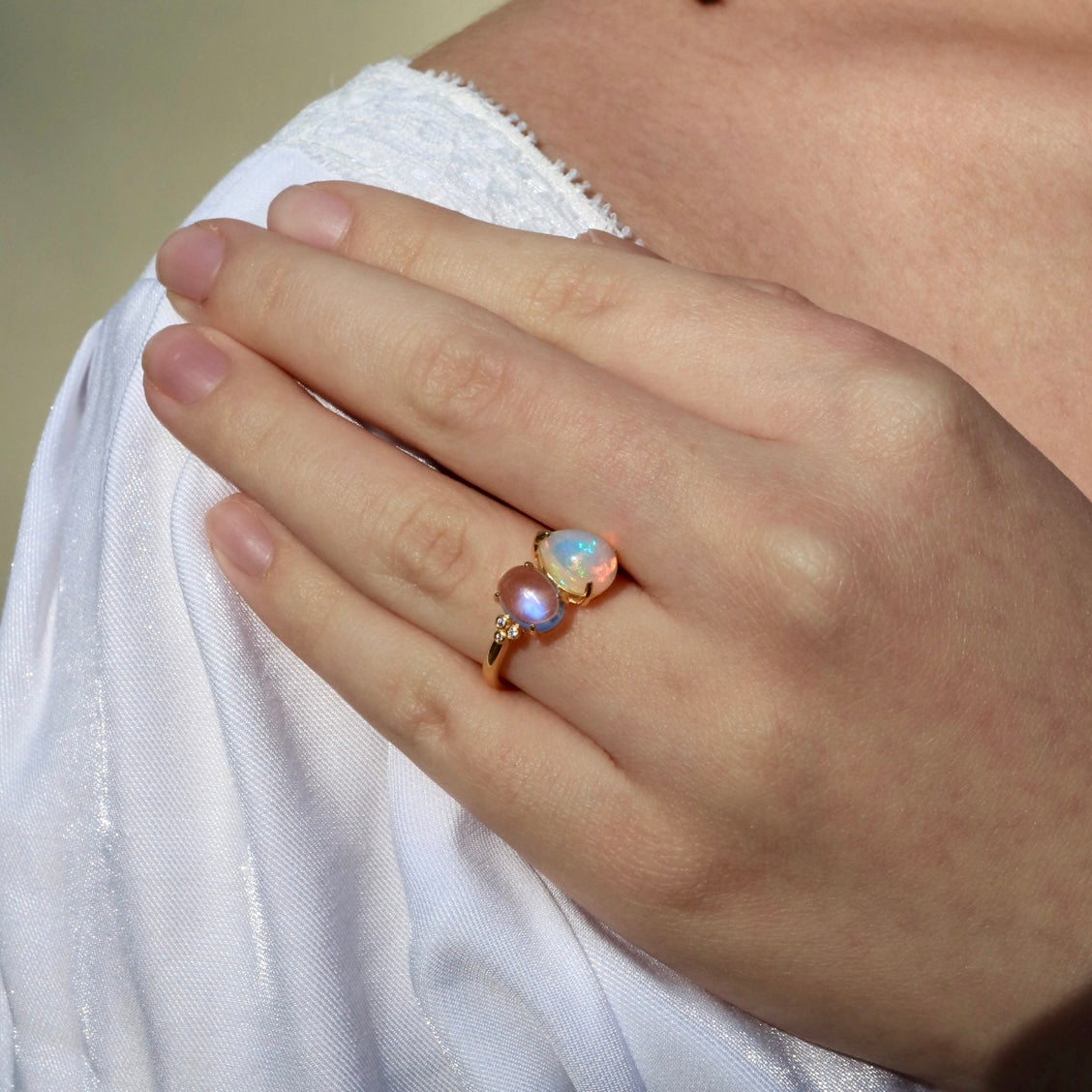 Fortune Moonstone Opal Diamond Toi et Moi Ring