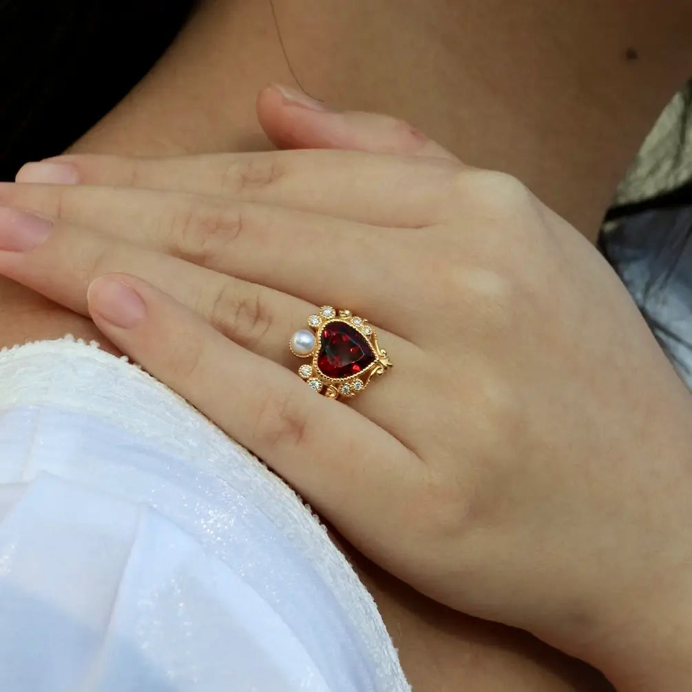 14k gold red garnet gems pearl cocktail ring