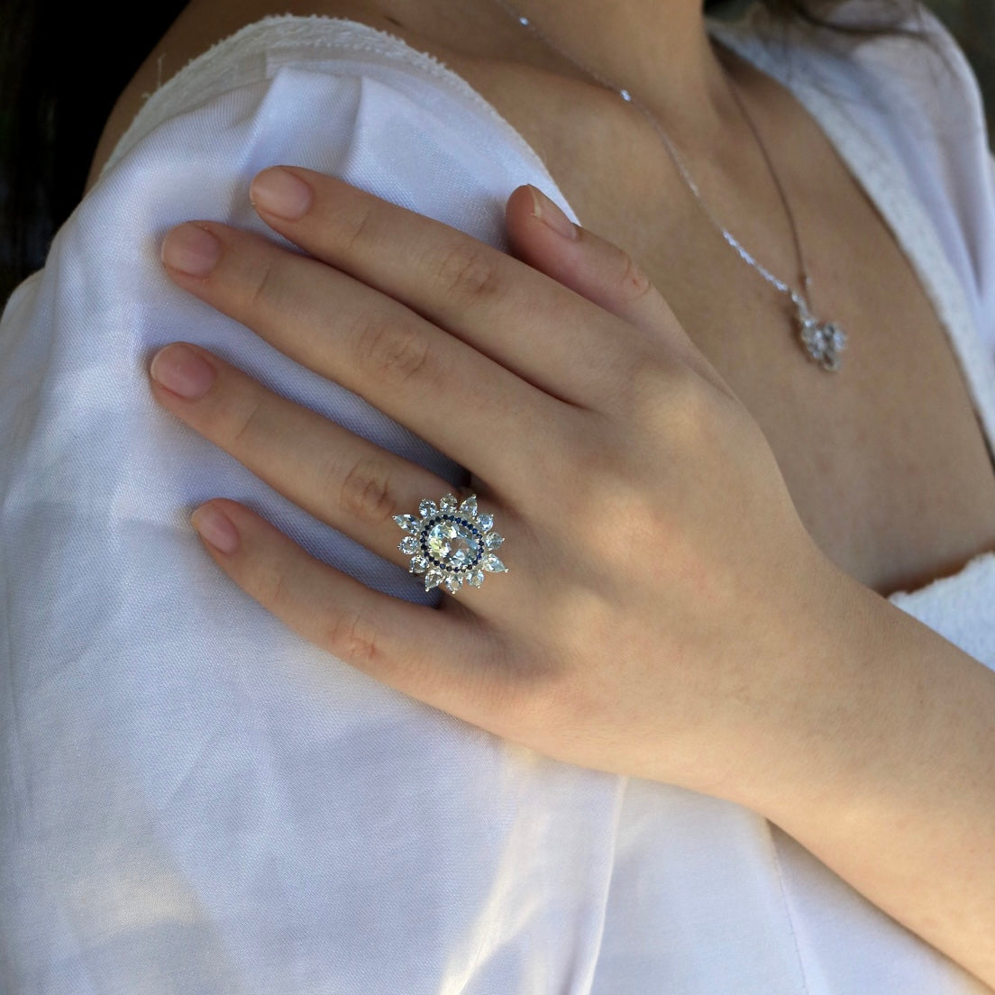 14k white gold or sterling silver natural sky blue aquamarine sapphire cocktail ring
