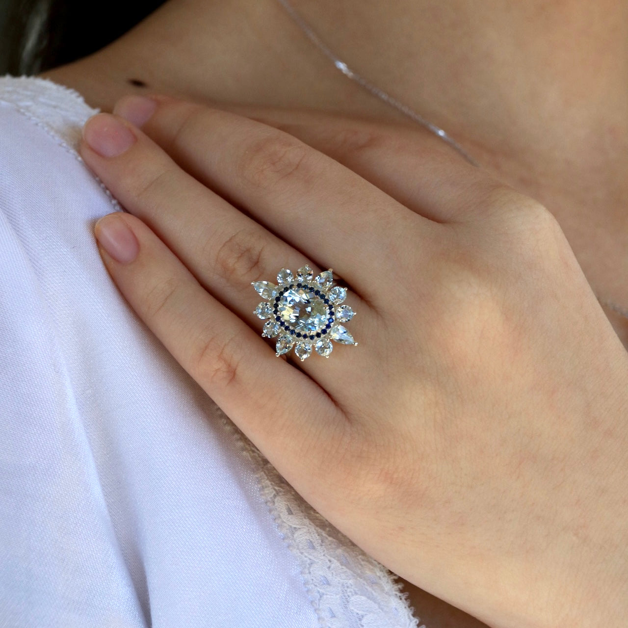 14k white gold or sterling silver sky blue aquamarine sapphire cocktail ring