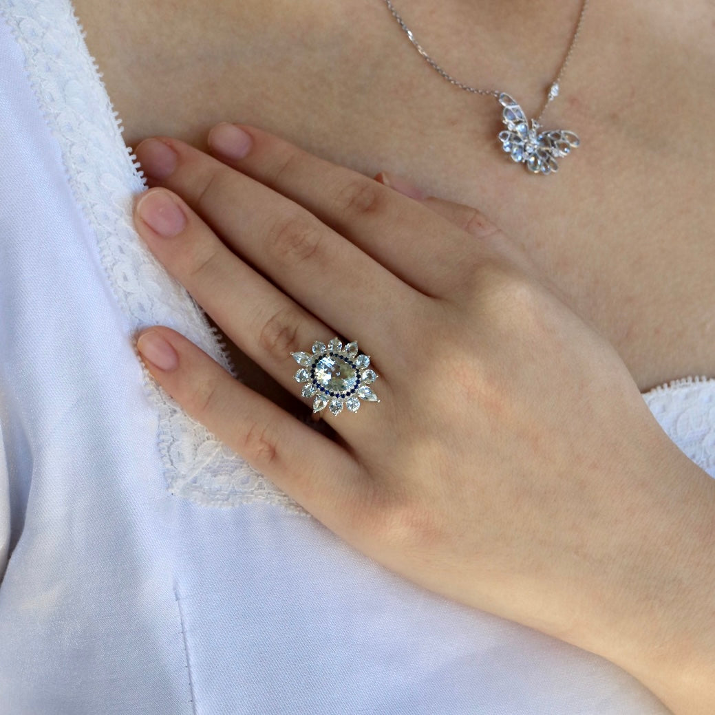 14k white gold or sterling silver natural sky blue aquamarine sapphire cocktail ring
