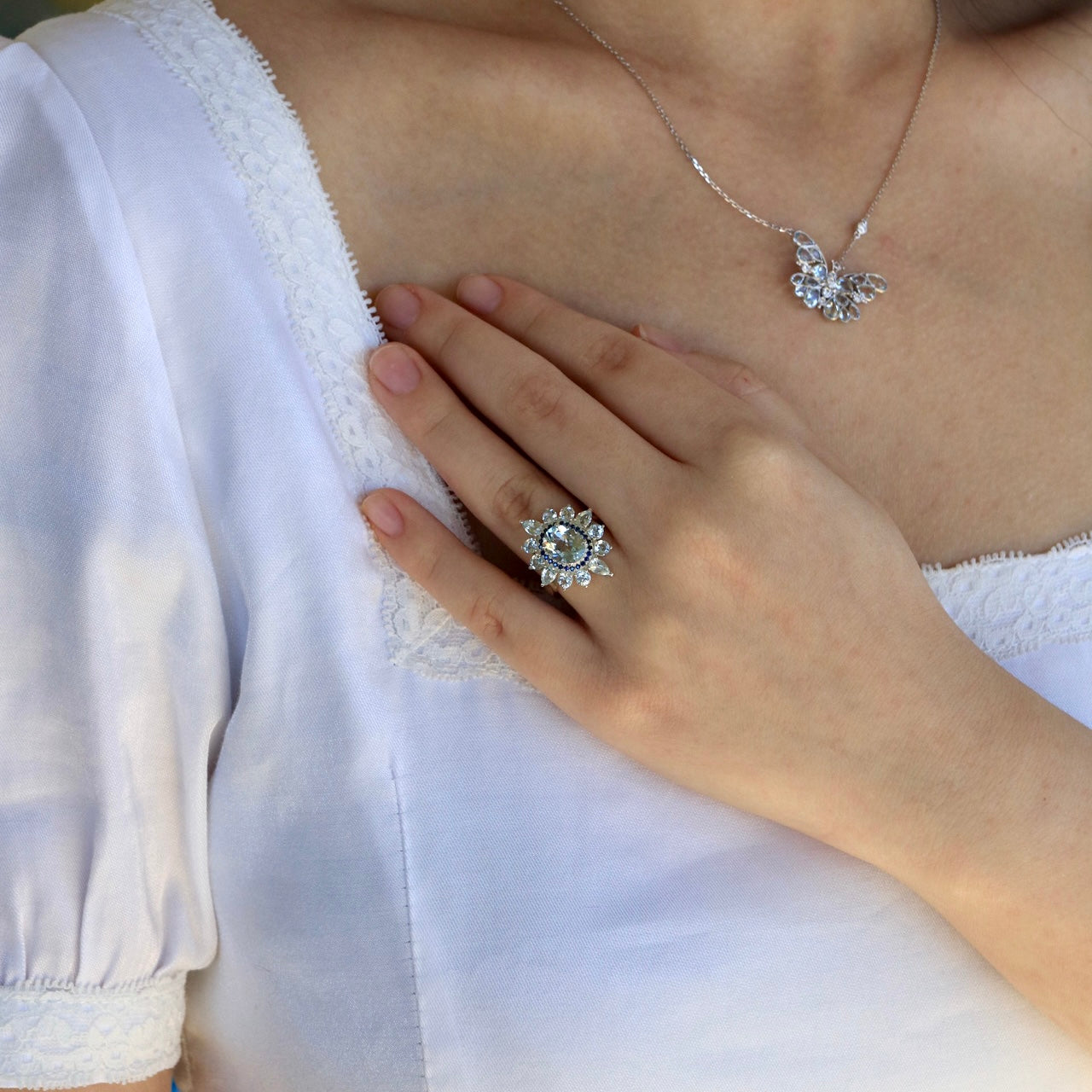 14k white gold or sterling silver natural sky blue aquamarine sapphire cocktail ring