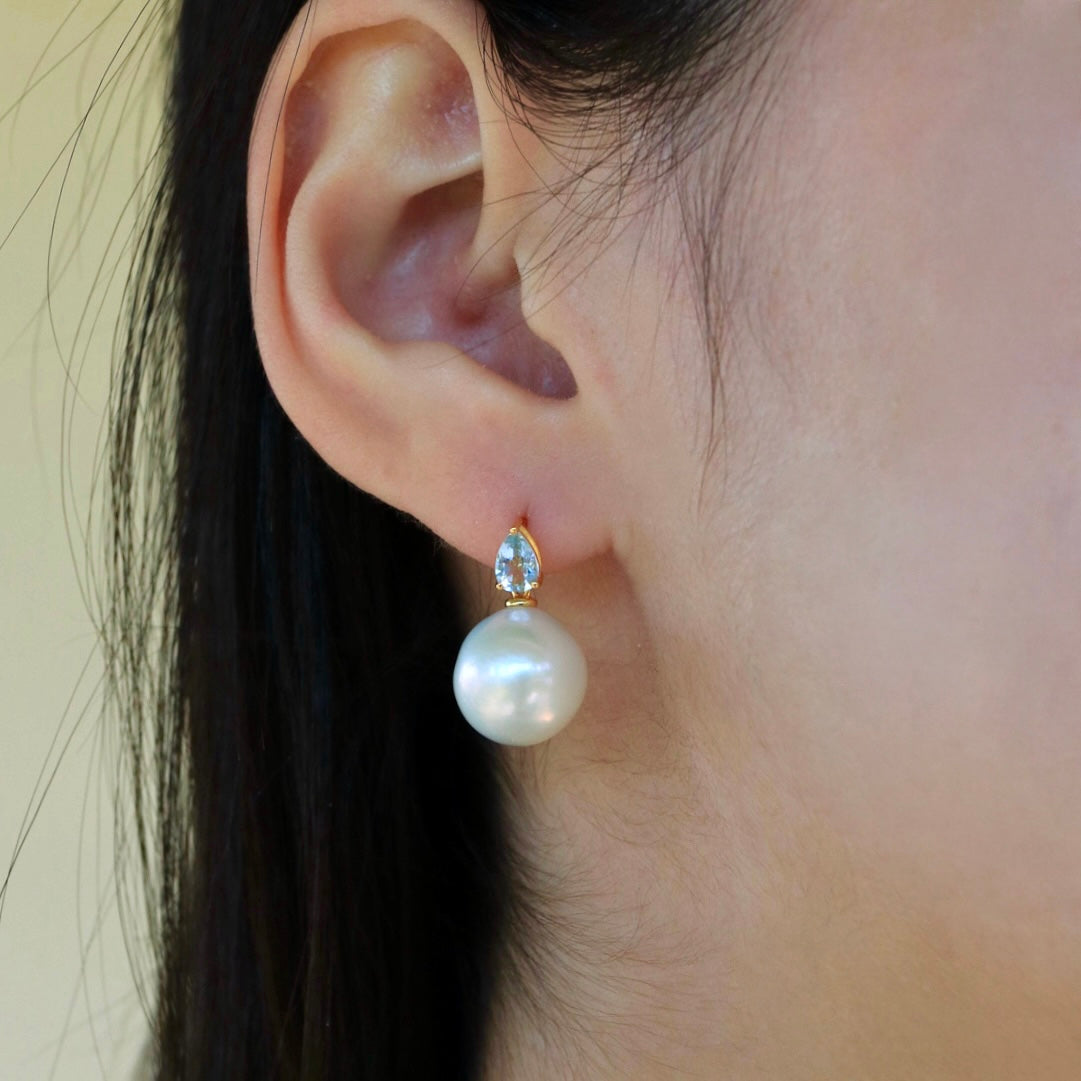 Venus Tears Aquamarine Round Pearl Convertible Drop Earrings