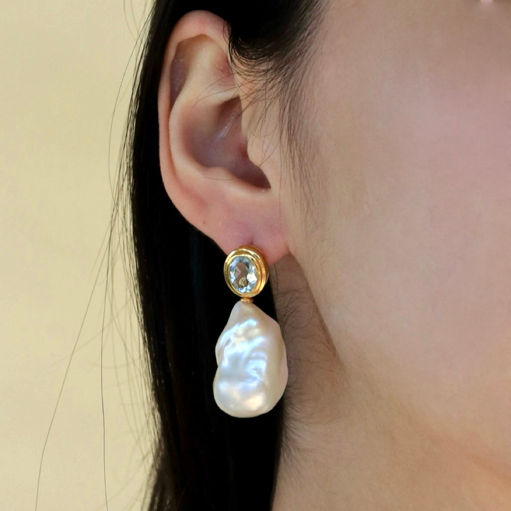 Bella Oval Aquamarine Baroque Pearl Convertible Drop Earrings