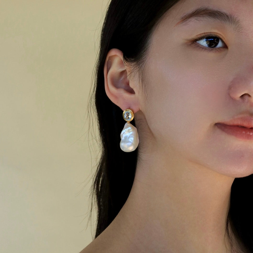 Bella Oval Aquamarine Baroque Pearl Convertible Drop Earrings