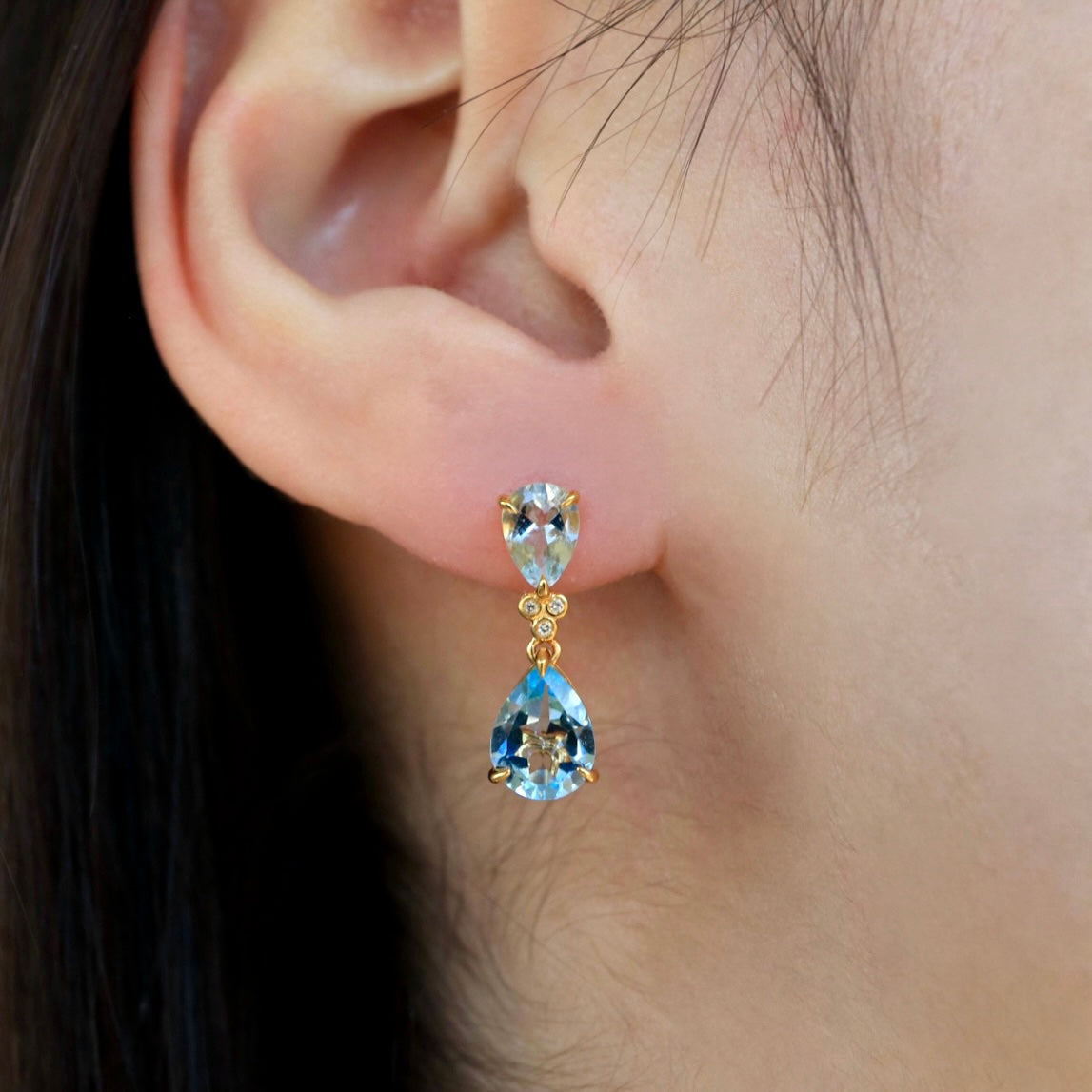 Divina Pear Aquamarine Topaz Diamond Pearl Convertible Drop Earrings