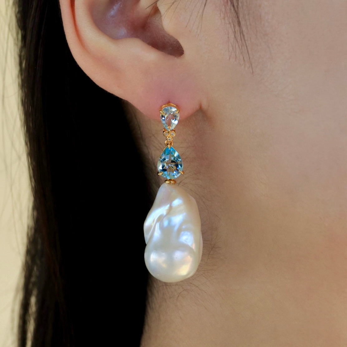 Divina Pear Aquamarine Topaz Diamond Baroque Pearl Convertible Drop Earrings