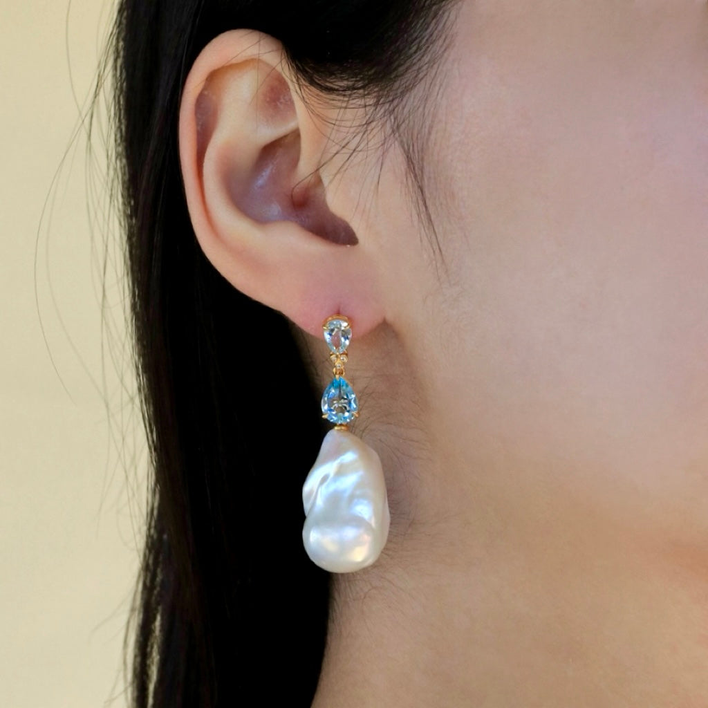 Divina Pear Aquamarine Topaz Diamond Baroque Pearl Convertible Drop Earrings