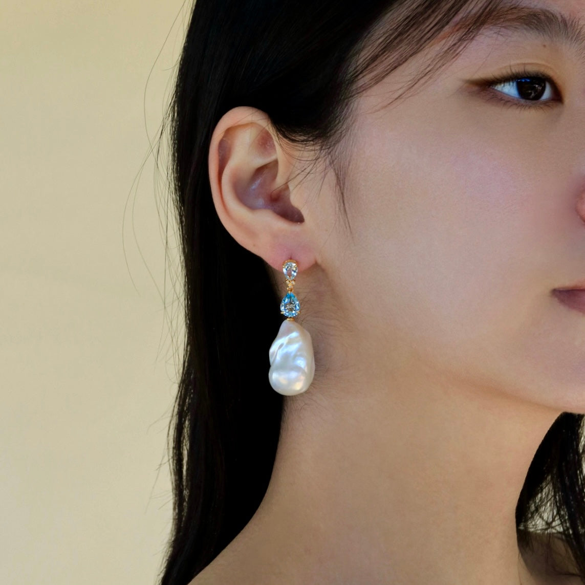 Divina Pear Aquamarine Topaz Diamond Baroque Pearl Convertible Drop Earrings