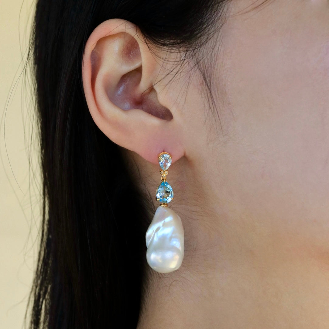 Divina Pear Aquamarine Topaz Diamond Baroque Pearl Convertible Drop Earrings