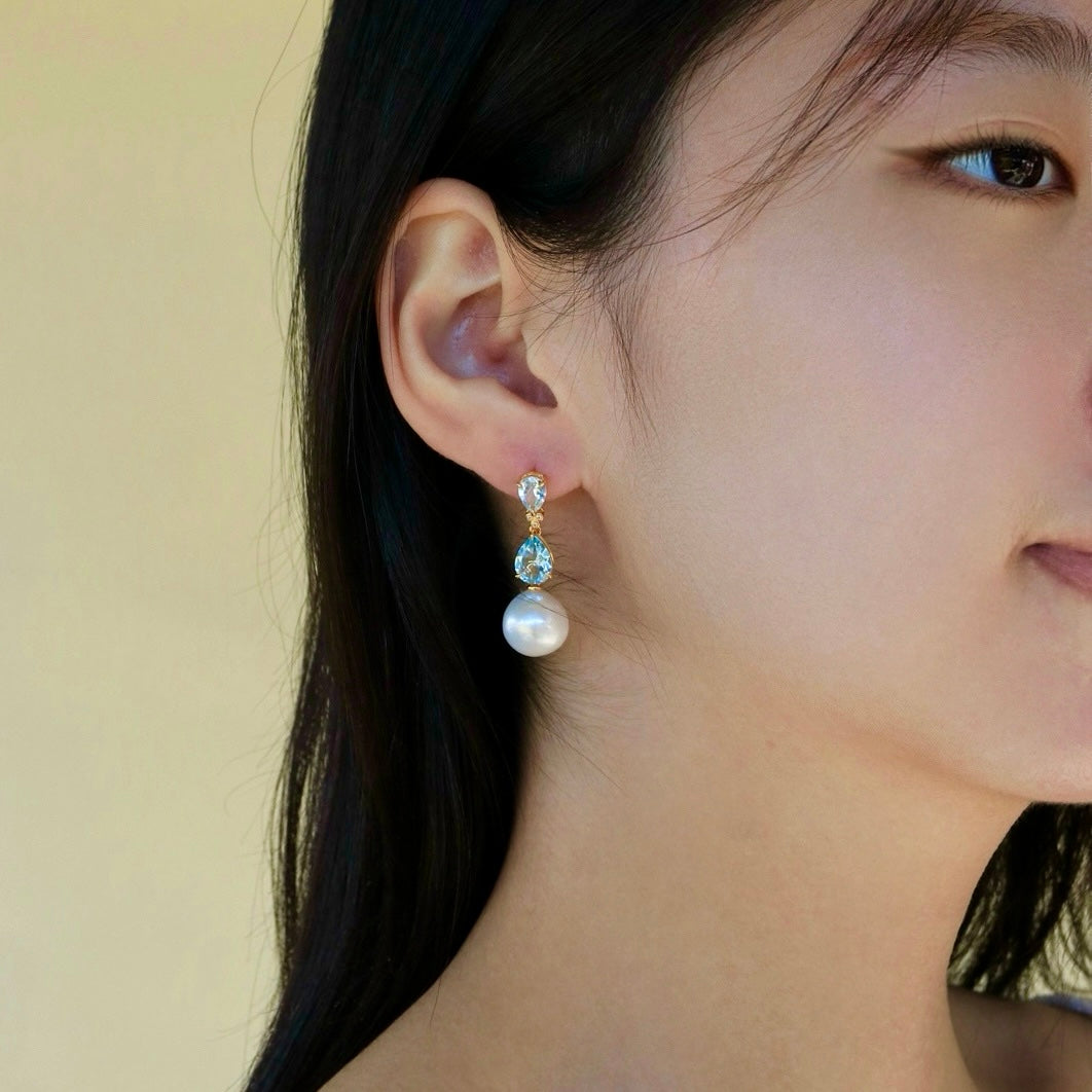Divina Pear Aquamarine Topaz Diamond Pearl Convertible Drop Earrings