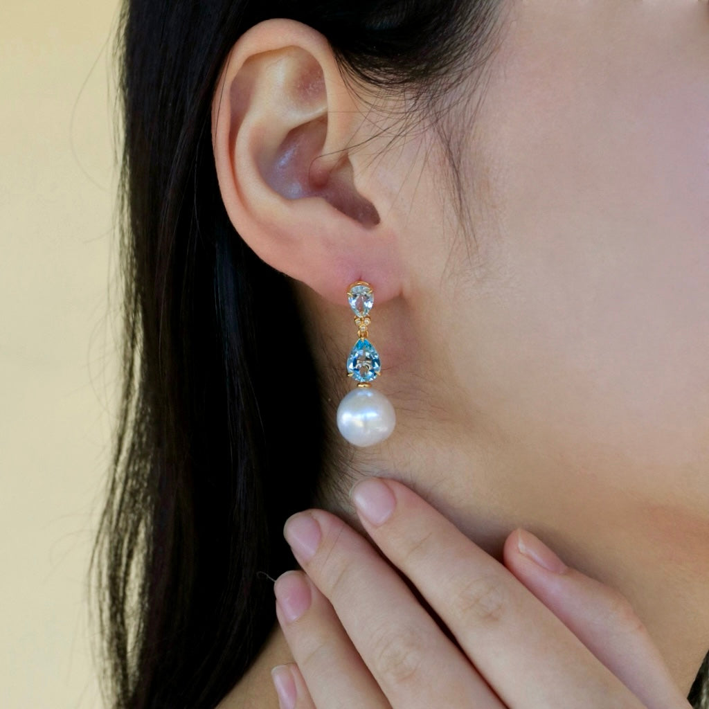 Divina Pear Aquamarine Topaz Diamond Pearl Convertible Drop Earrings