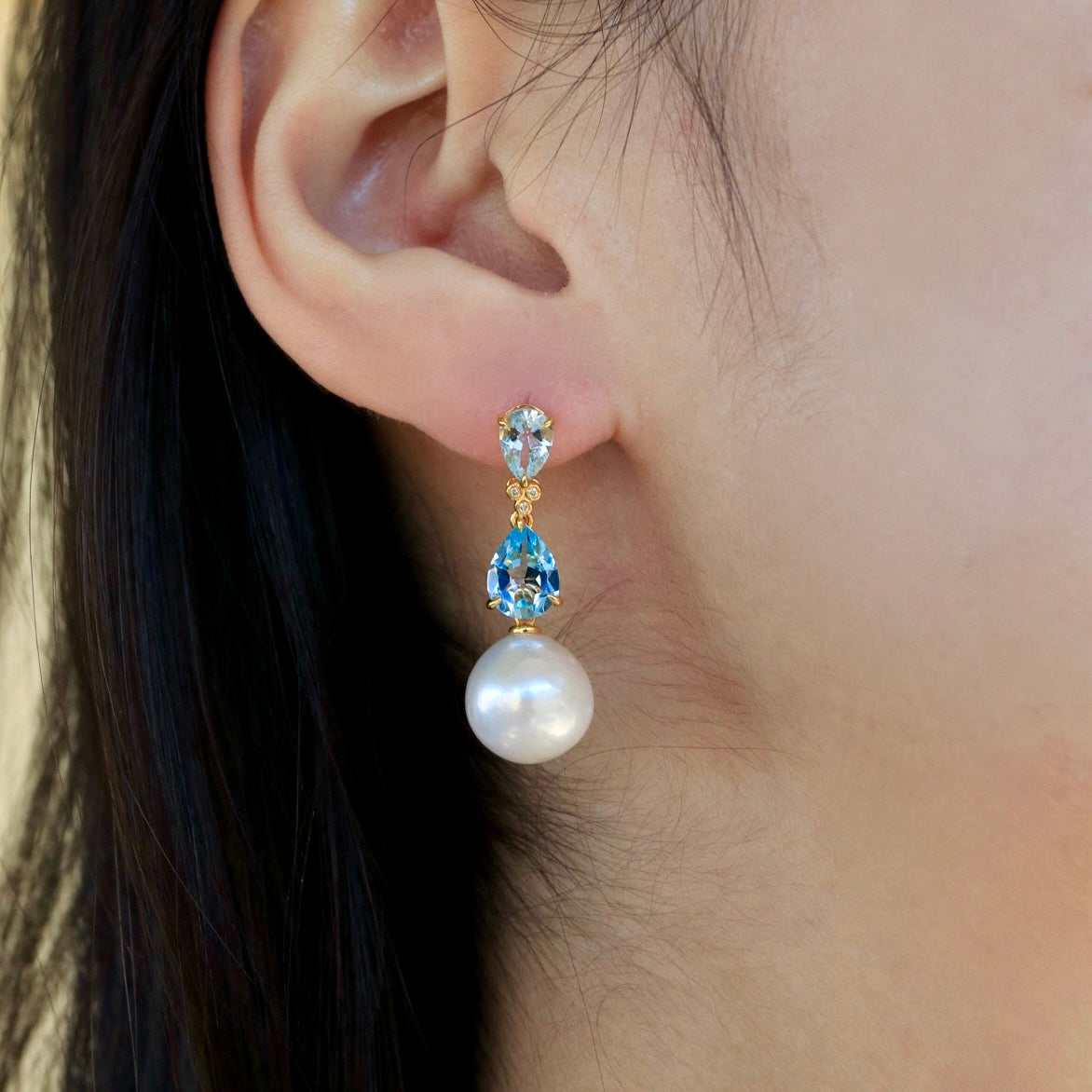 Divina Pear Aquamarine Topaz Diamond Pearl Convertible Drop Earrings