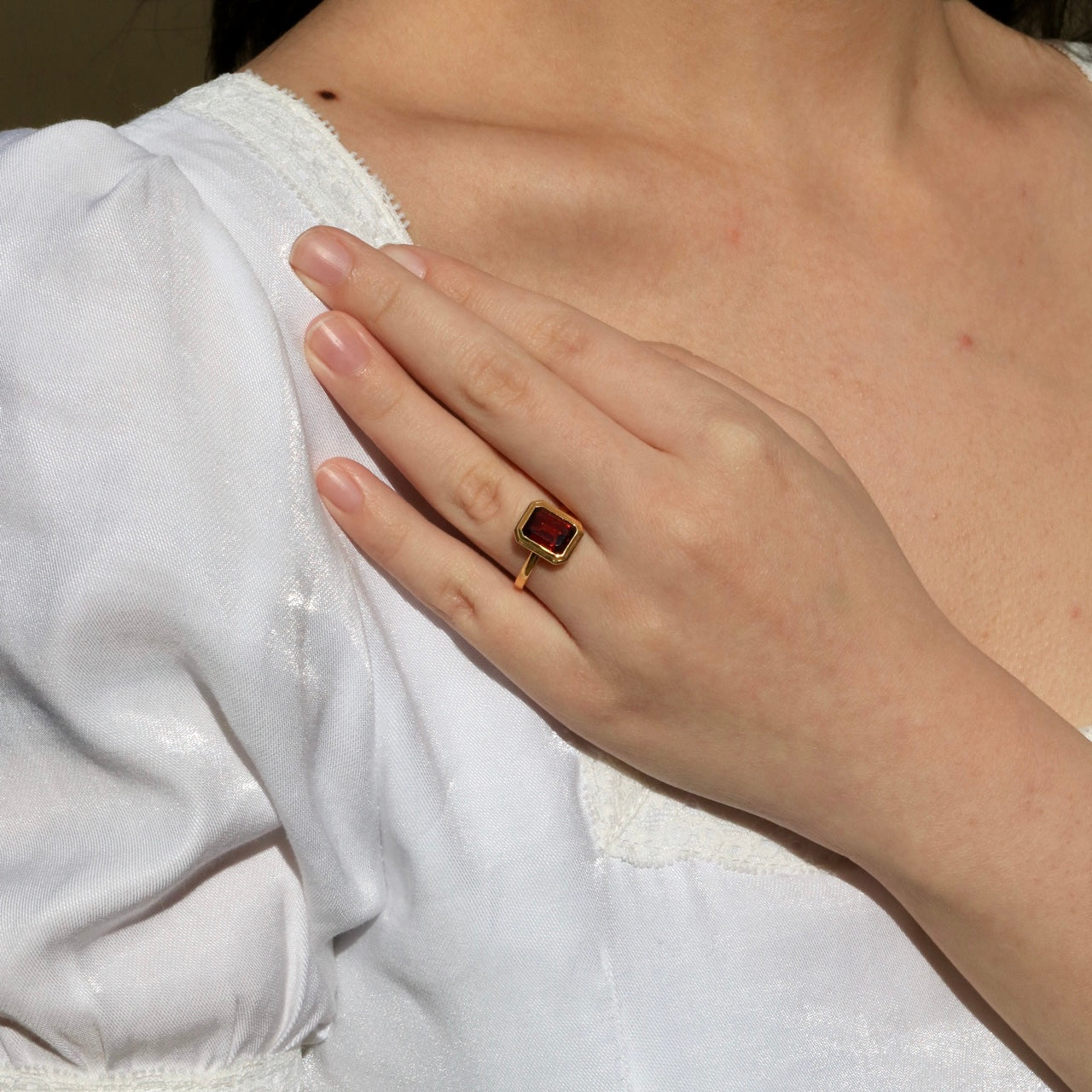 14K Solid Yellow Gold Emerald-Cut Natural Garnet Ring