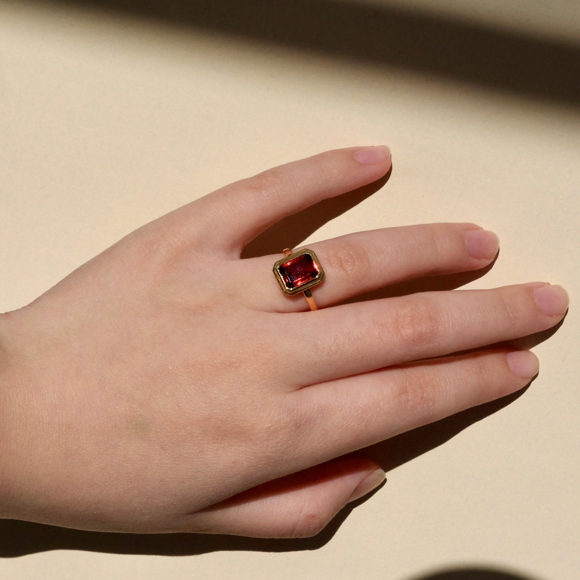 14K Solid Yellow Gold Emerald-Cut Natural Garnet Ring