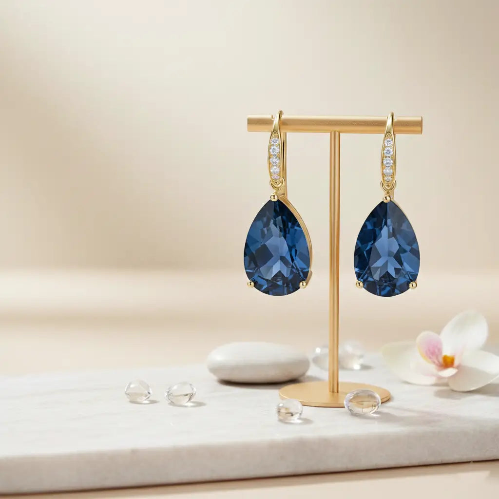 14k Gold Radiant Pear Natural London Blue Topaz Diamond Drop Earrings