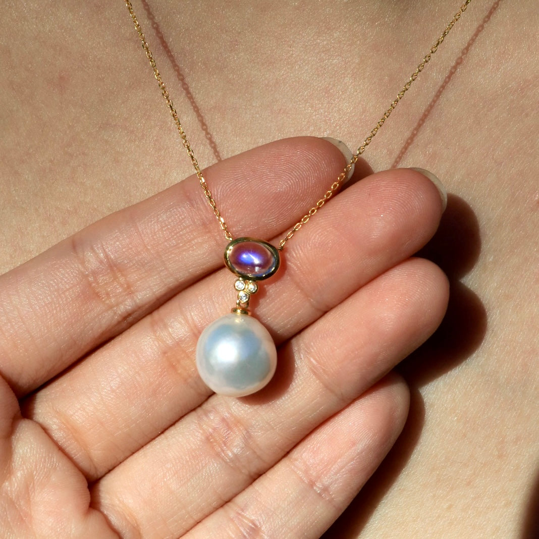 Ayla Oval Moonstone Diamond Pearl Necklace