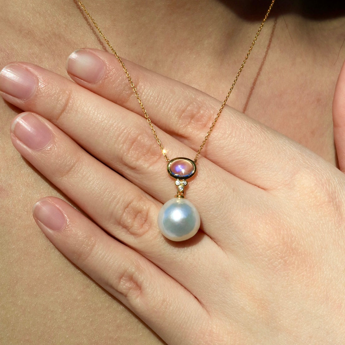 Ayla Oval Moonstone Diamond Pearl Necklace