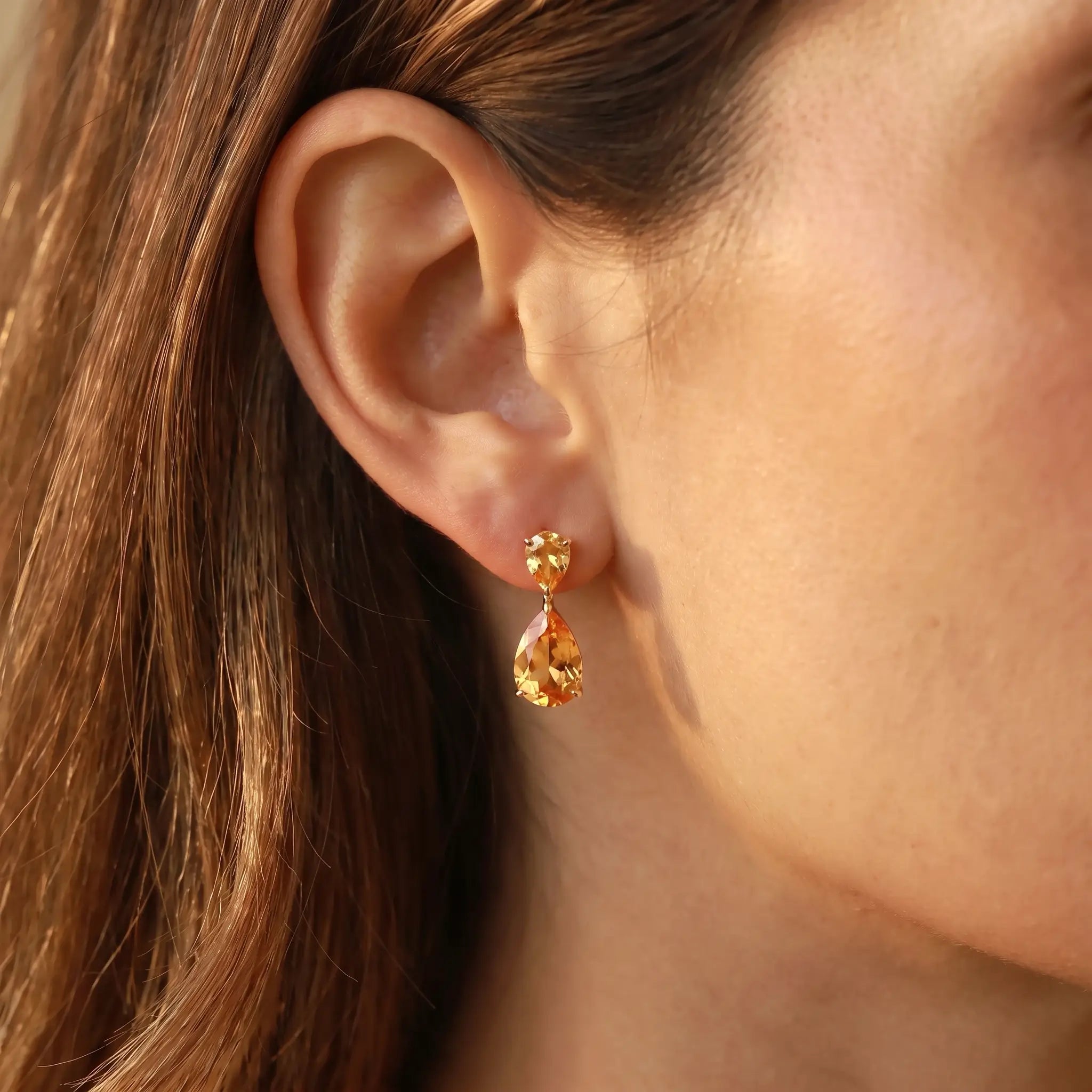 Duet Natural 7.20ctw Pear Citrine Drop Earrings in 14k yellow gold
